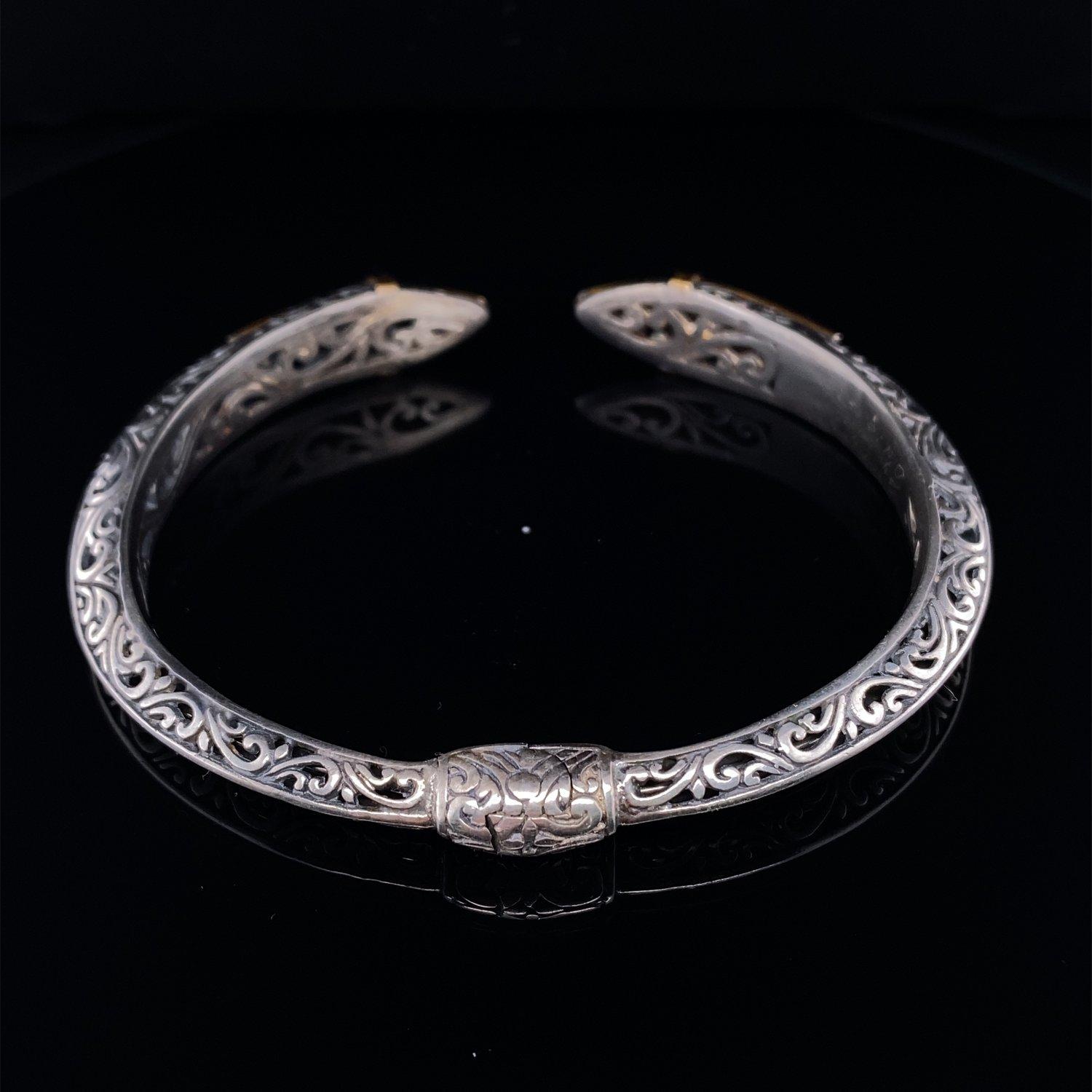 Round Cut Silver Filigree Hinge Bangle Cuff Bracelet 24K Gold & Accent Diamonds, Handmade