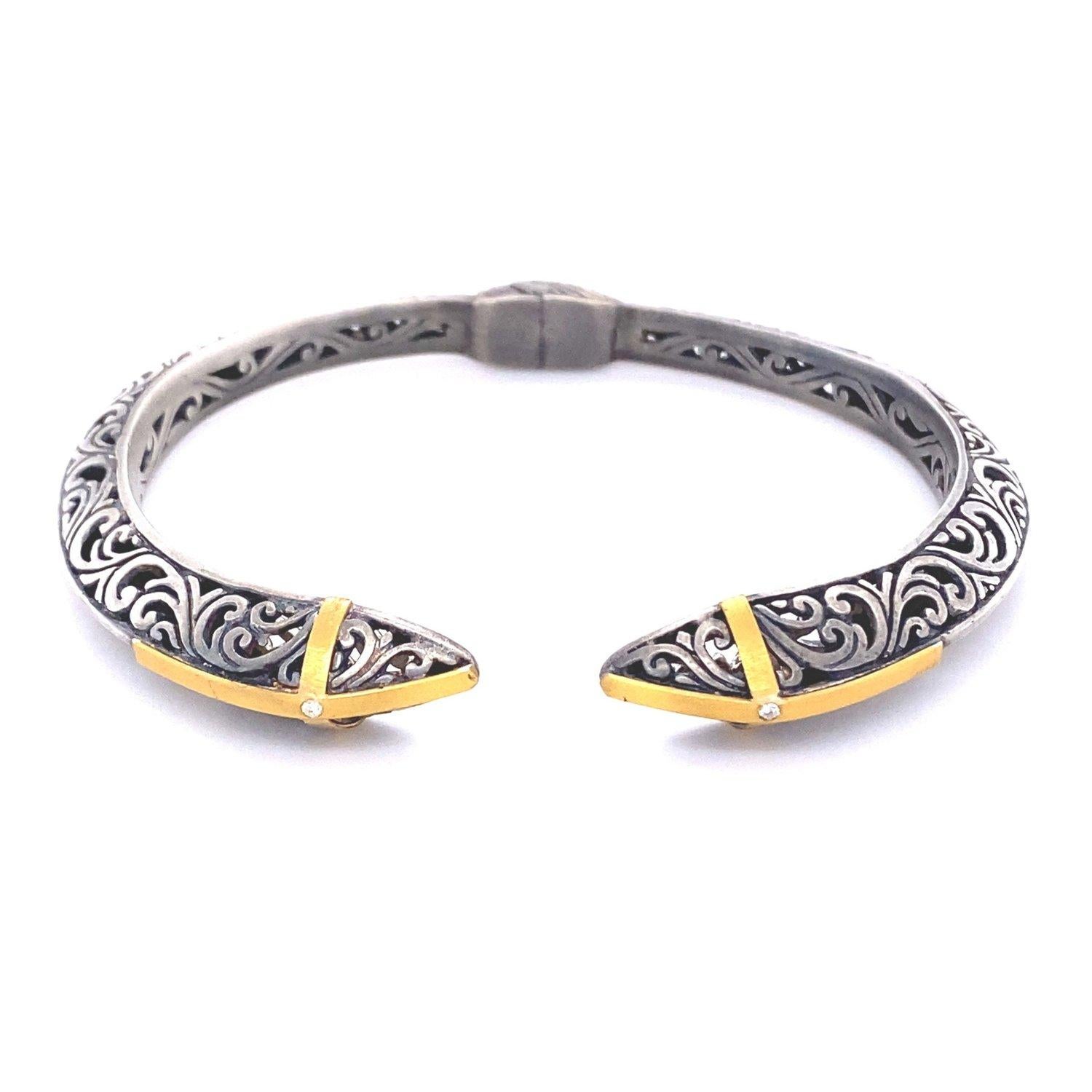 Silver Filigree Hinge Bangle Cuff Bracelet 24K Gold & Accent Diamonds, Handmade In New Condition In Bozeman, MT