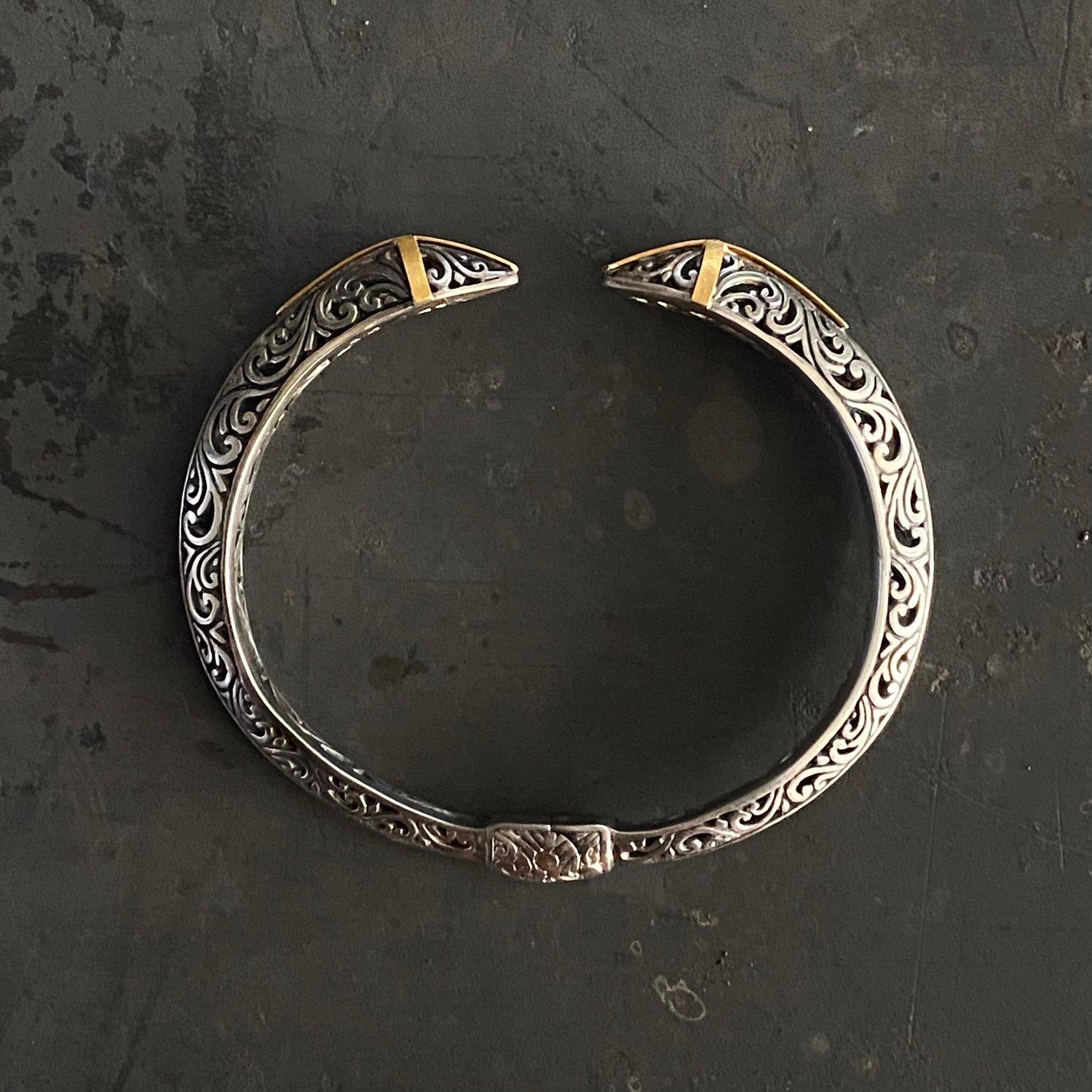 Women's or Men's Silver Filigree Hinge Bangle Cuff Bracelet 24K Gold & Accent Diamonds, Handmade