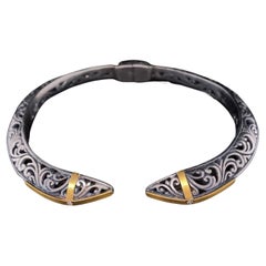 Silver Filigree Hinge Bangle Cuff Bracelet 24K Gold & Accent Diamonds, Handmade
