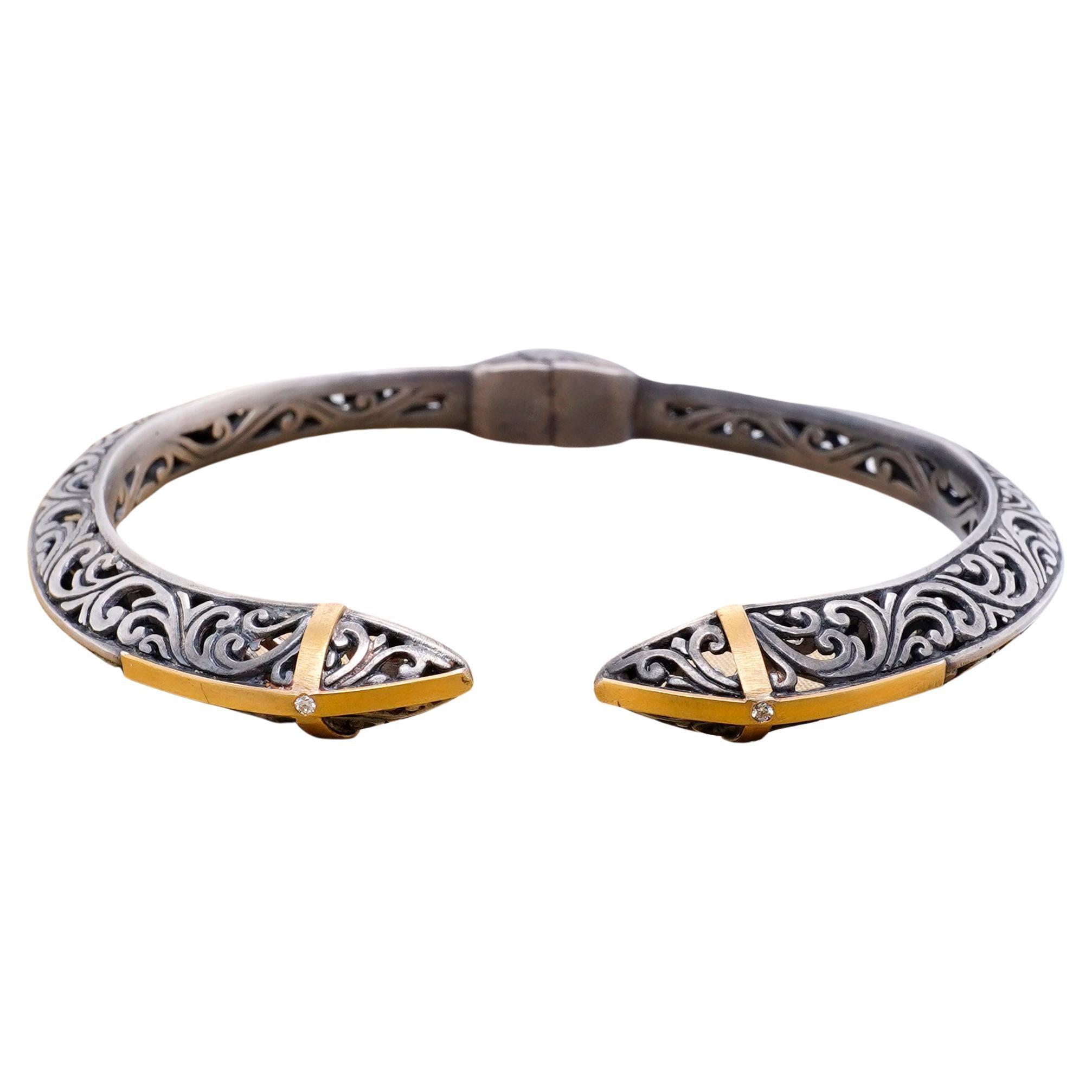 Silver Filigree Hinge Bangle Cuff Bracelet 24K Gold & Accent Diamonds, Handmade