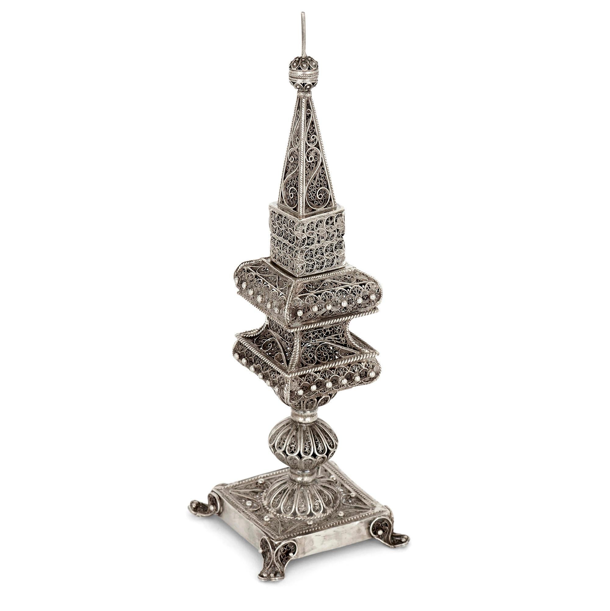 20th Century Silver Filigree Judaica Spice Tower For Sale