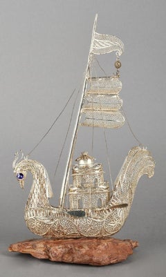 Silver Filigree Peacock with Gemstones, First Half of the 20th Century