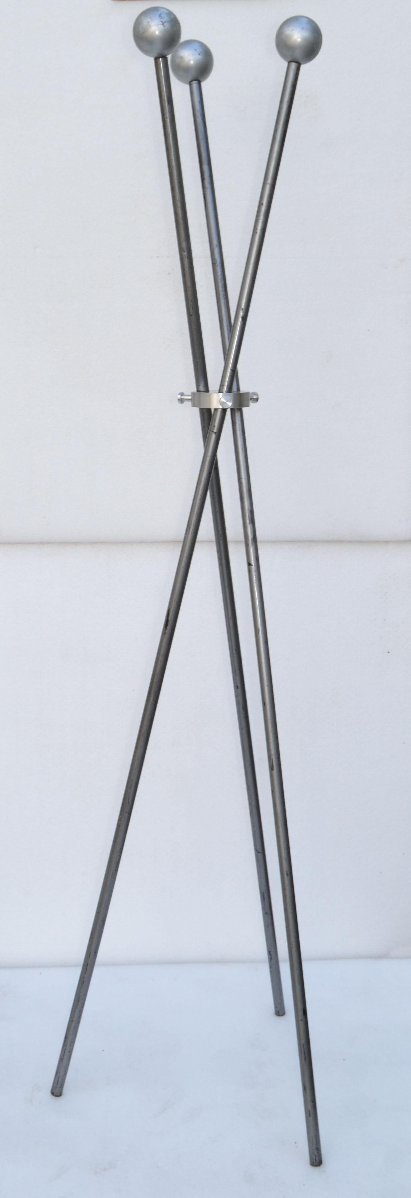 6 feet 1 tall aluminum and polish steel tripod coat stand hat rack Space Age Mid-Century Modern 1970.