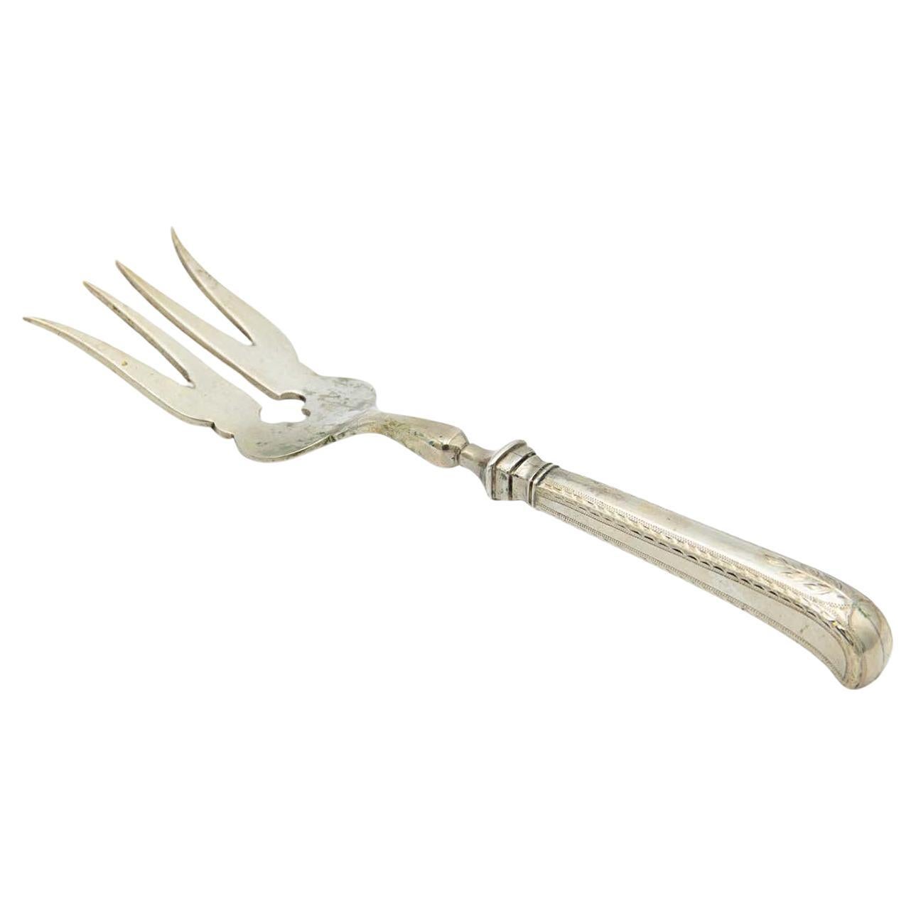 Silberne Fischgabel mit Streifen und Akanthusgravur auf Pistolengriff im Angebot