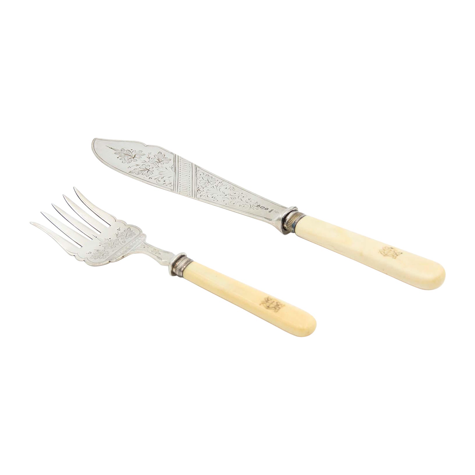 Silver fish knife and fork with bone handles