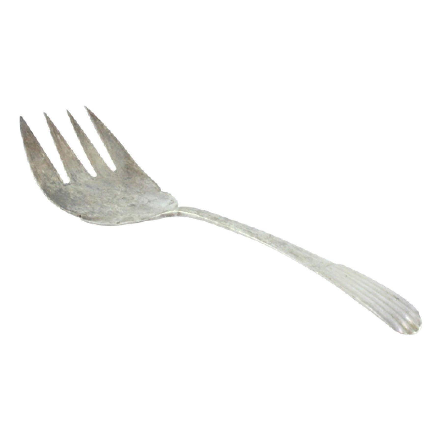 Silver fish serving fork with a revealed handle and flower and four tines
