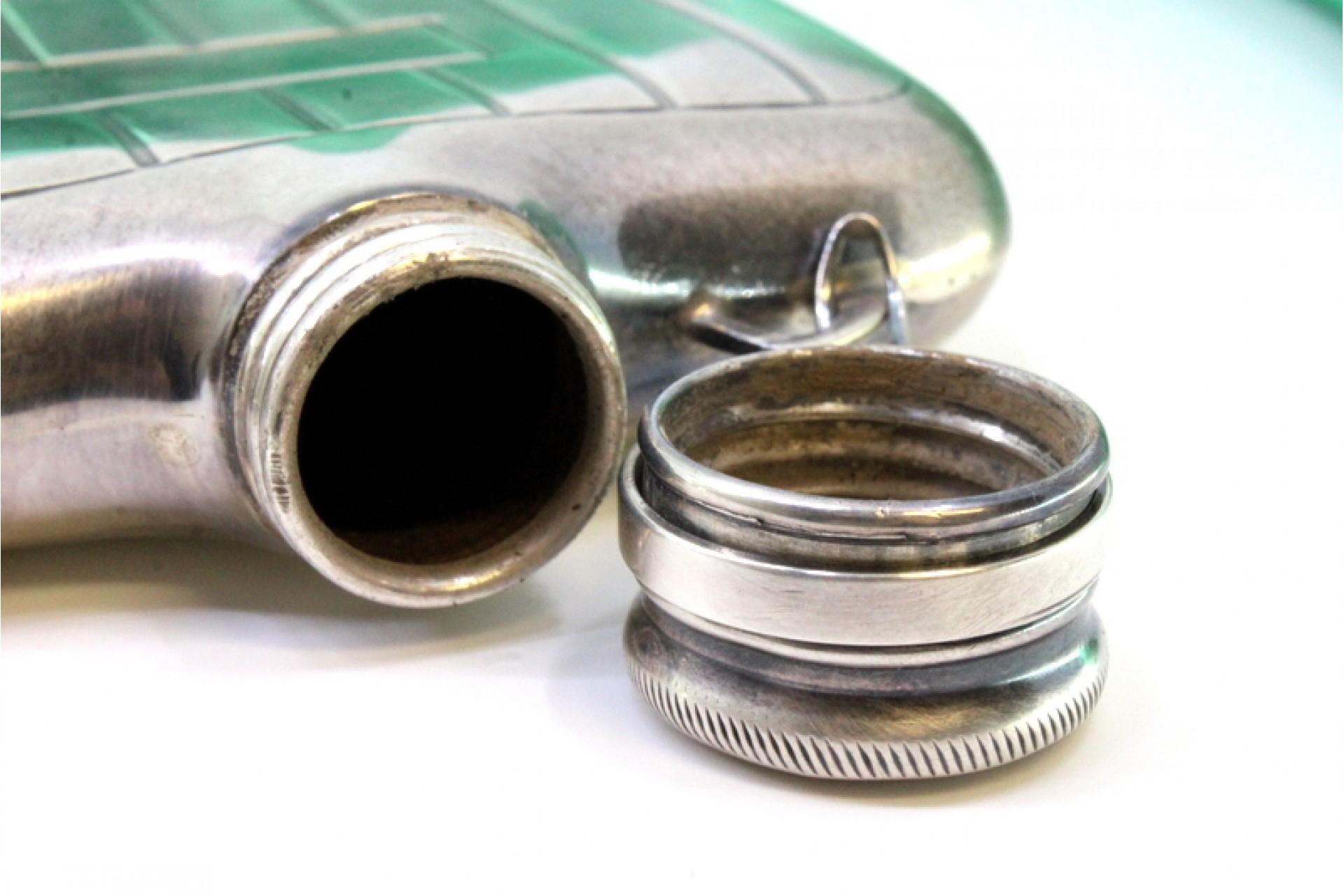 Silver flask w/ bands at the top & a monogram card in the center & a screw cap For Sale 1