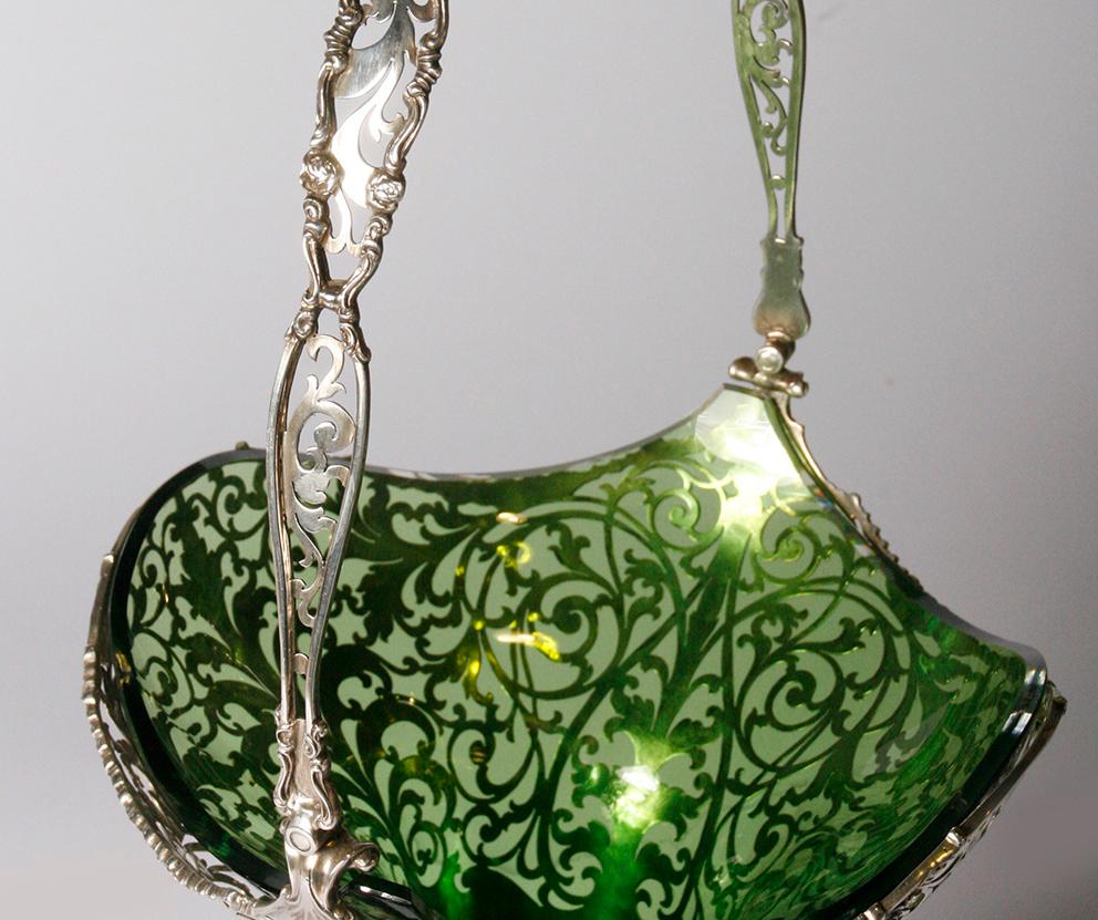 Silver Flower Basket by Mappin & Webb with Green Glass Liner For Sale 4