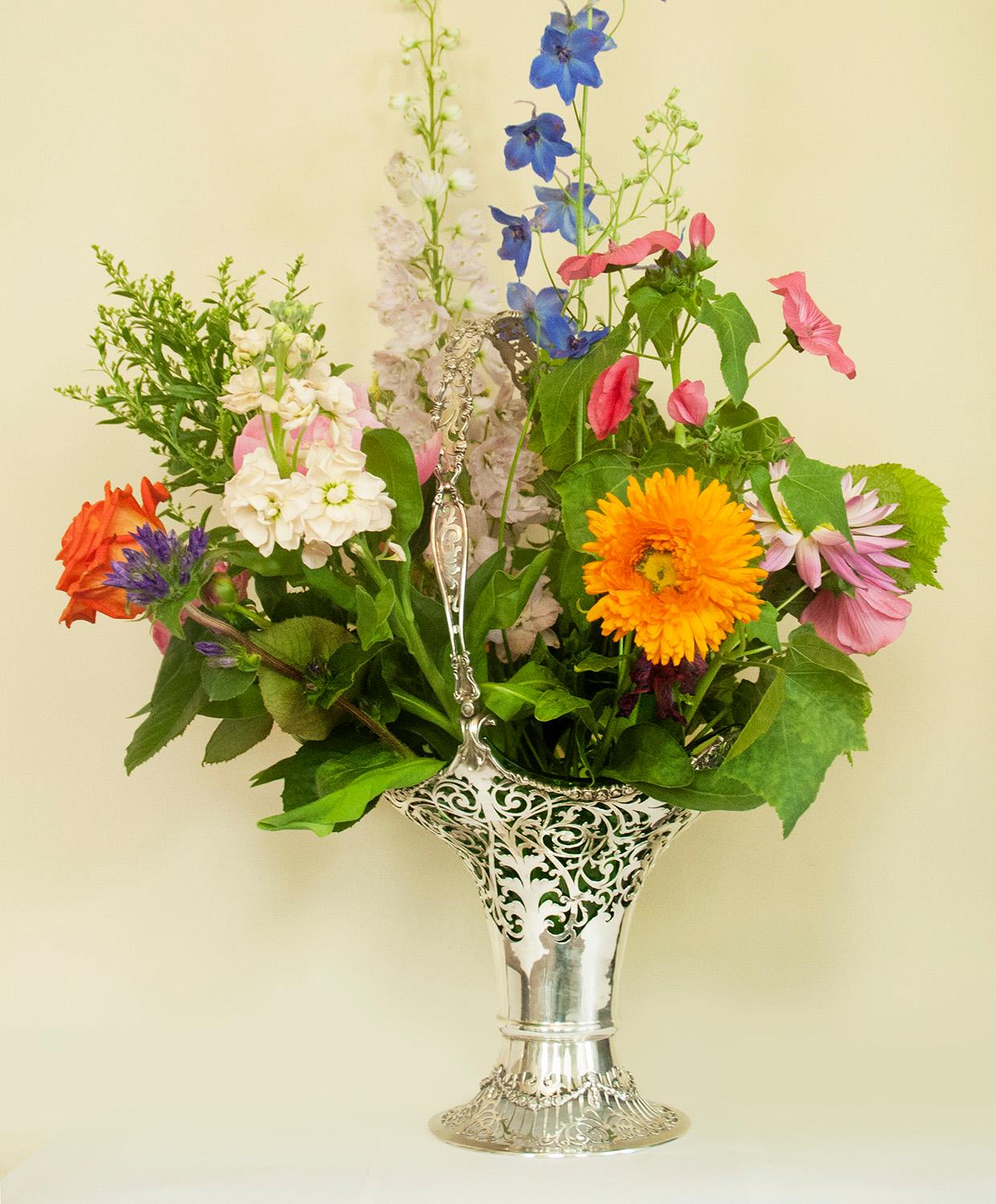 Silver Flower Basket by Mappin & Webb with Green Glass Liner For Sale 5