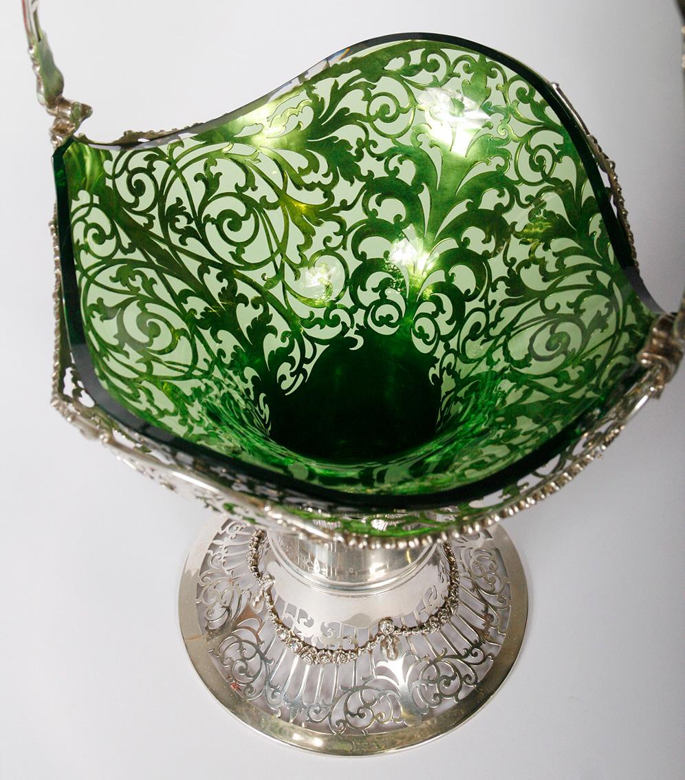 Romantic Silver Flower Basket by Mappin & Webb with Green Glass Liner For Sale