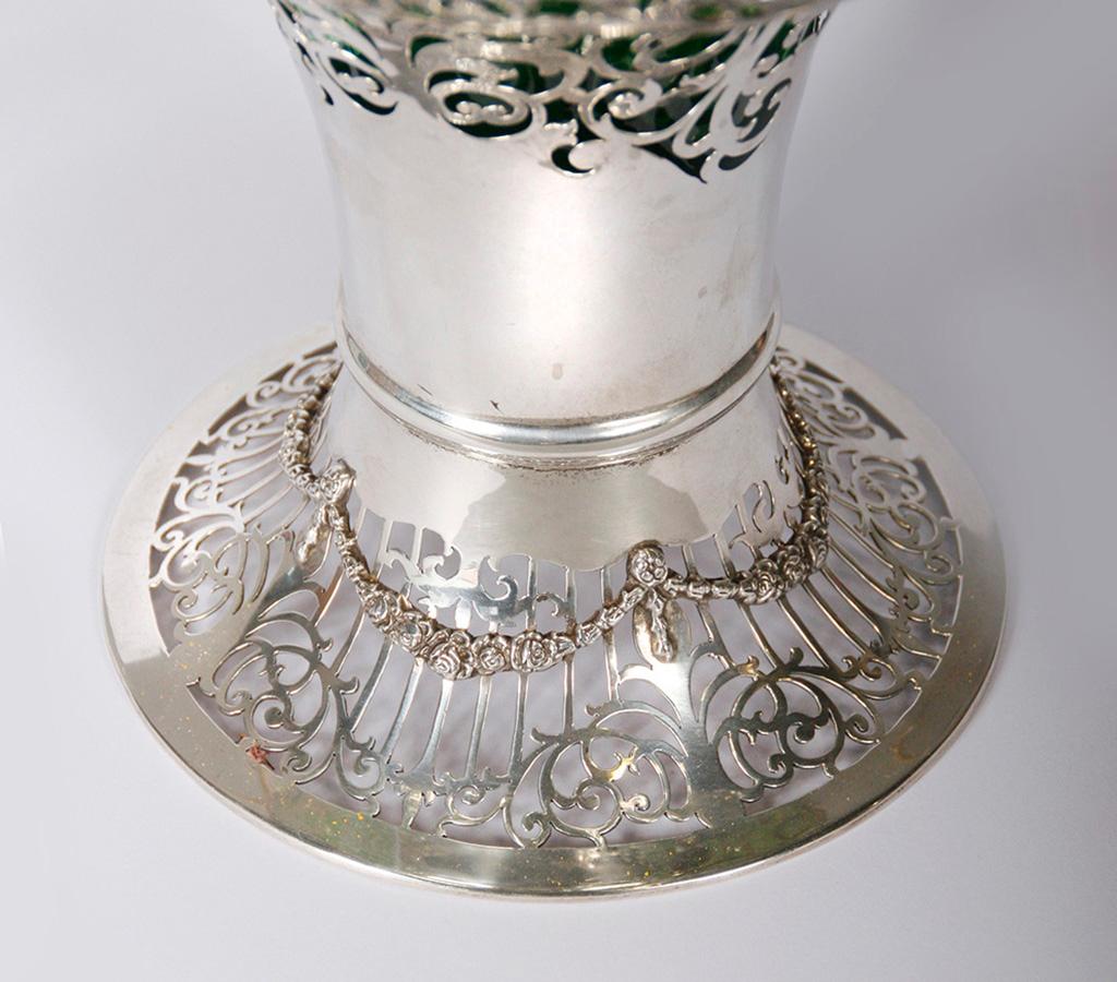 English Silver Flower Basket by Mappin & Webb with Green Glass Liner For Sale
