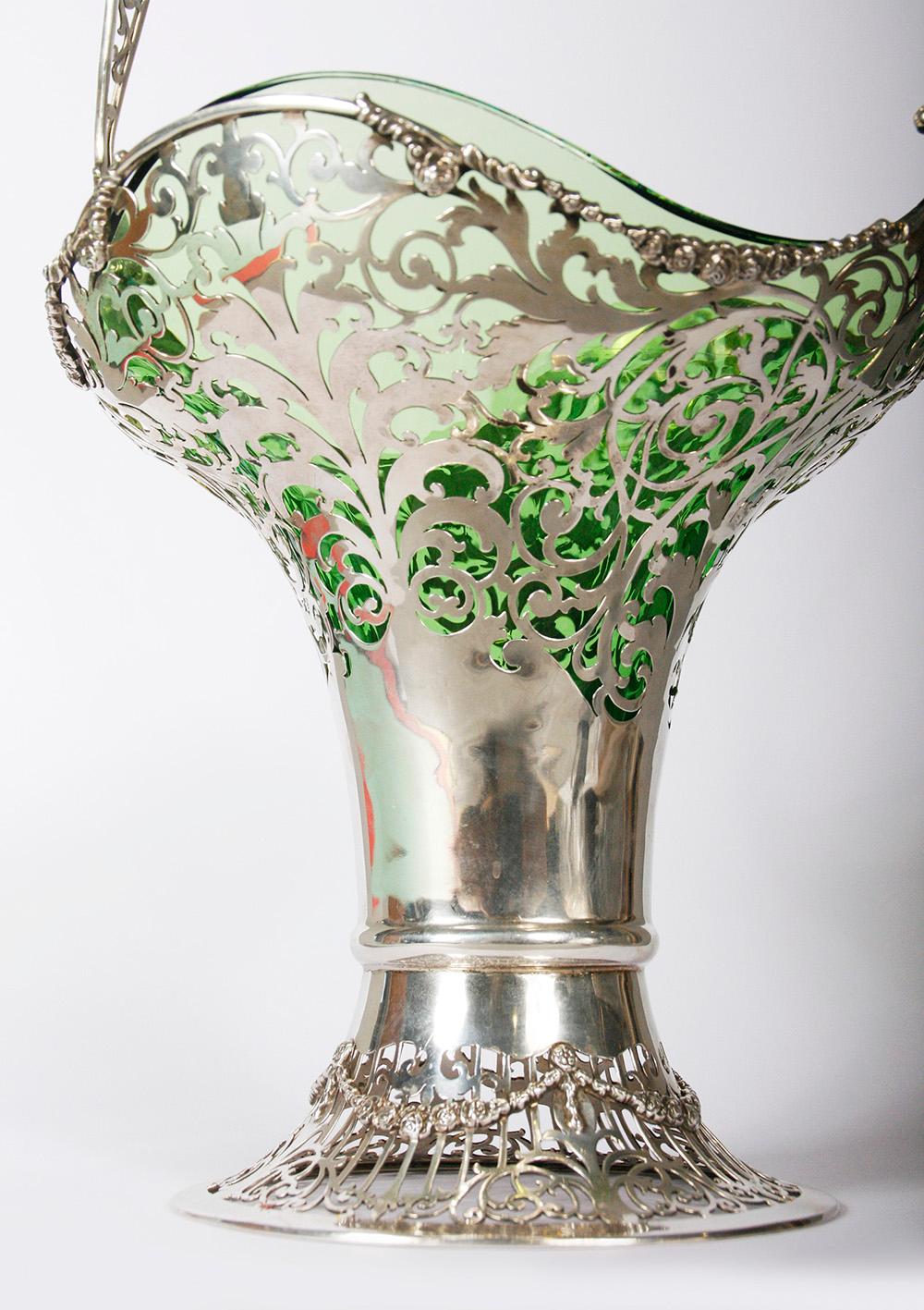 Hand-Crafted Silver Flower Basket by Mappin & Webb with Green Glass Liner For Sale