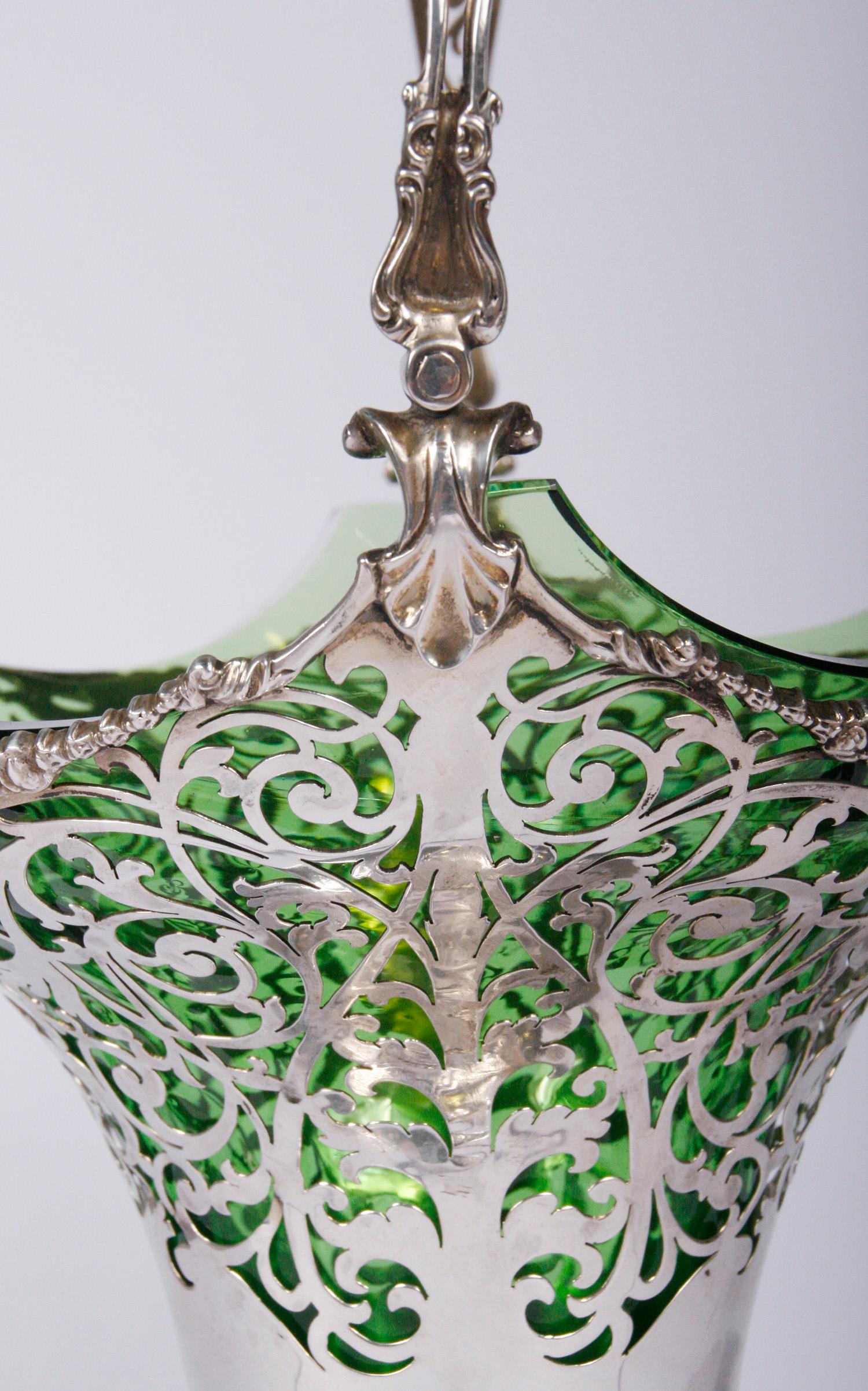 Silver Flower Basket by Mappin & Webb with Green Glass Liner For Sale 3