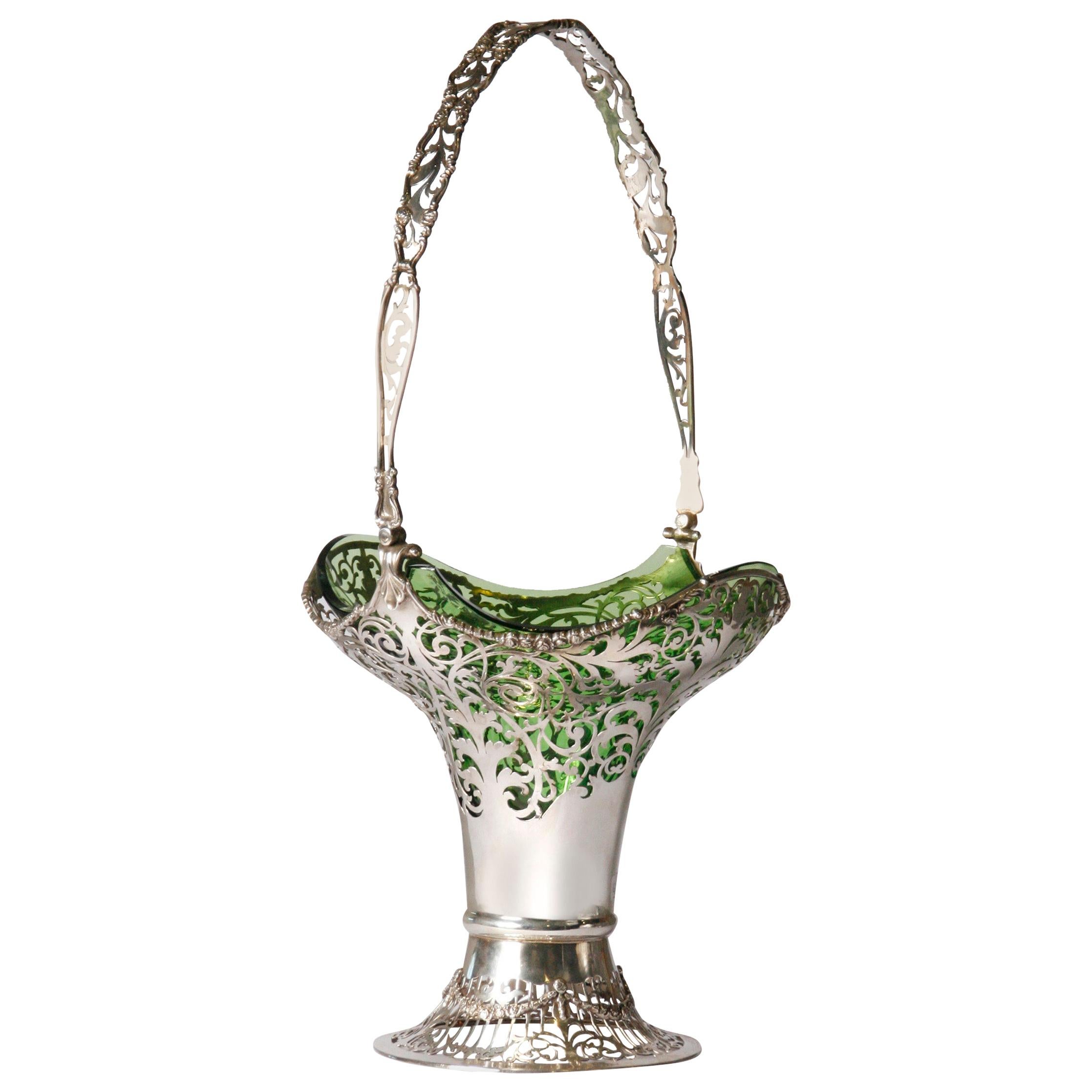 Silver Flower Basket by Mappin & Webb with Green Glass Liner