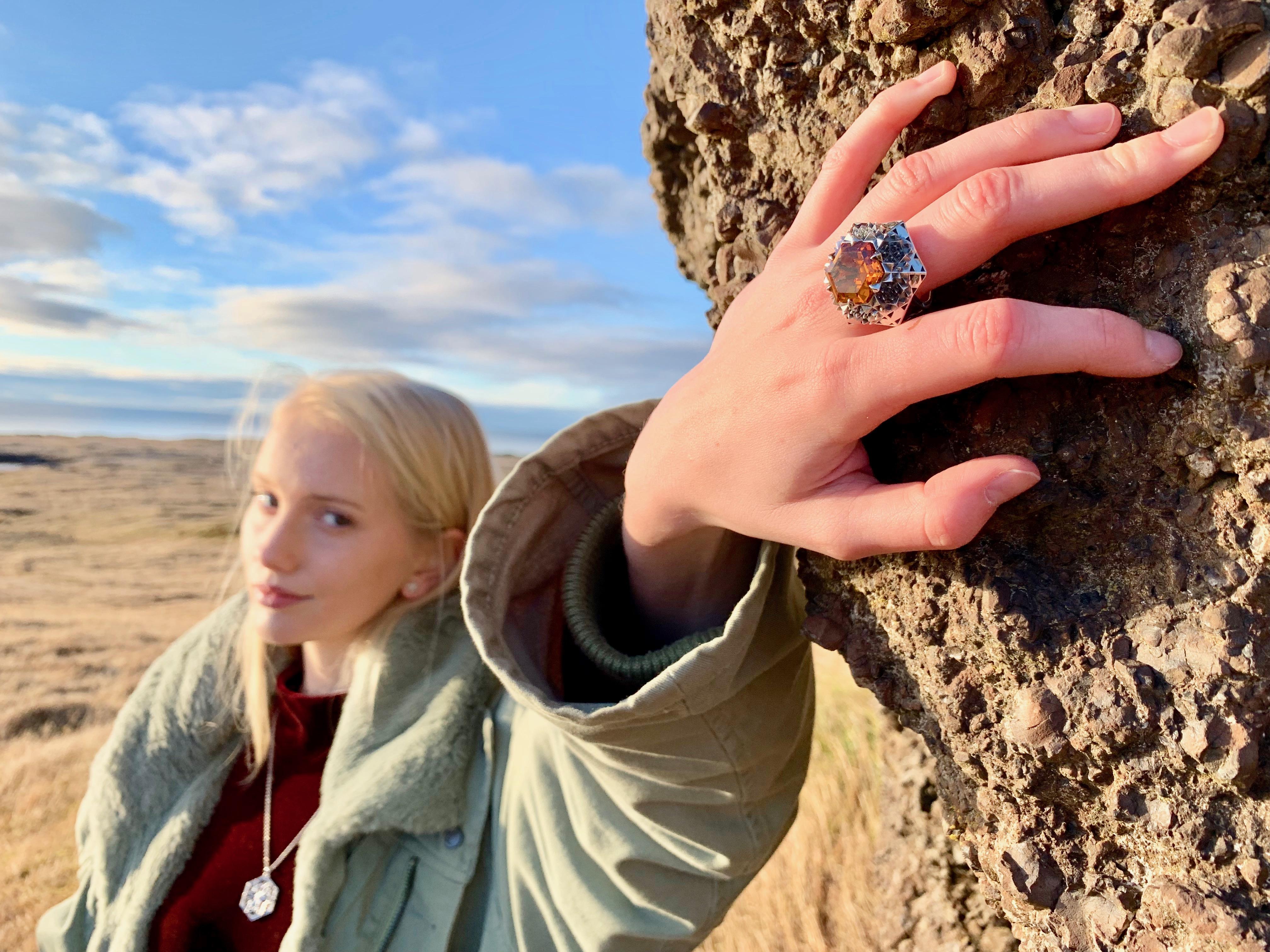 Silver Fractal Citrine Sun Ring For Sale 2