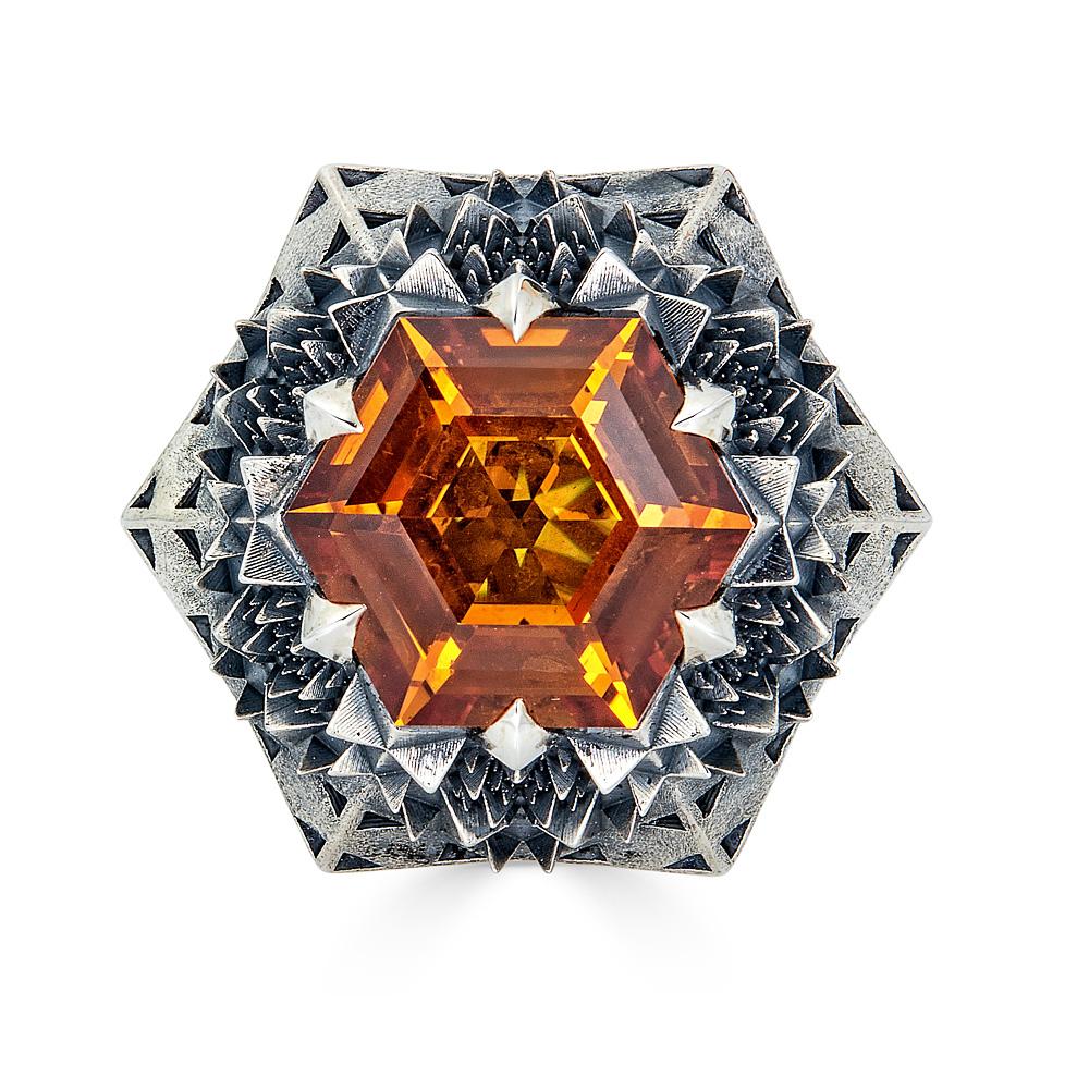 Round Cut Silver Fractal Citrine Sun Ring For Sale