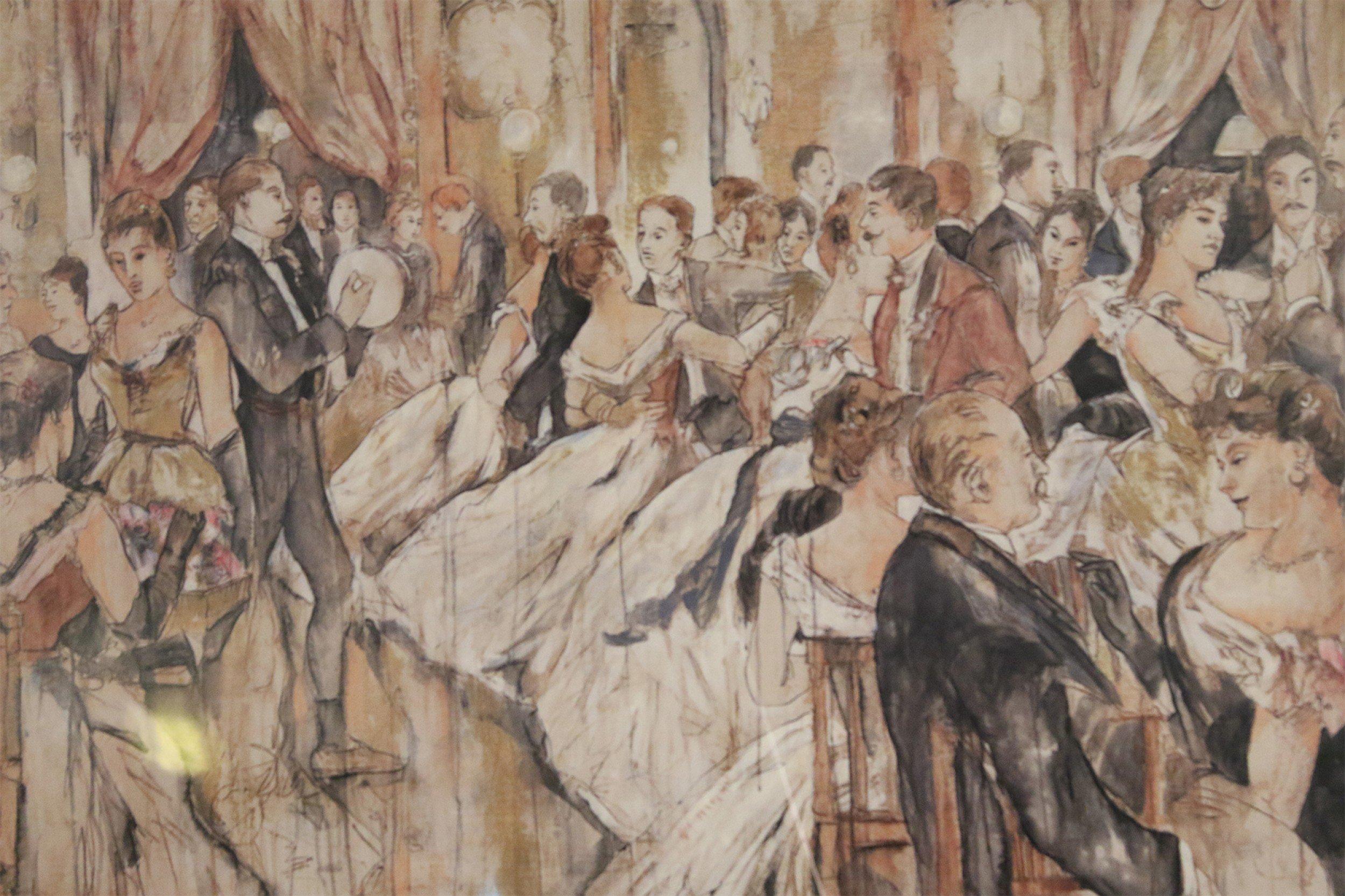 Pintura francesa (finales del siglo XIX) a pluma y tinta de una escena de salón de baile en un marco rectangular de madera plateada.
