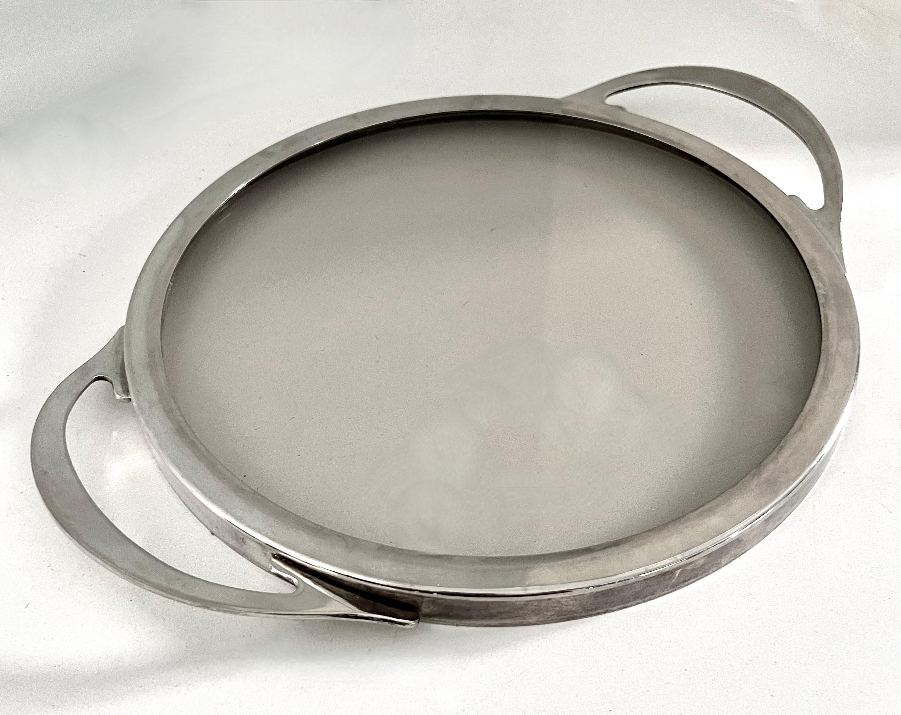 Polished Silver French Art Deco Round Tray with Smoked Glass Base