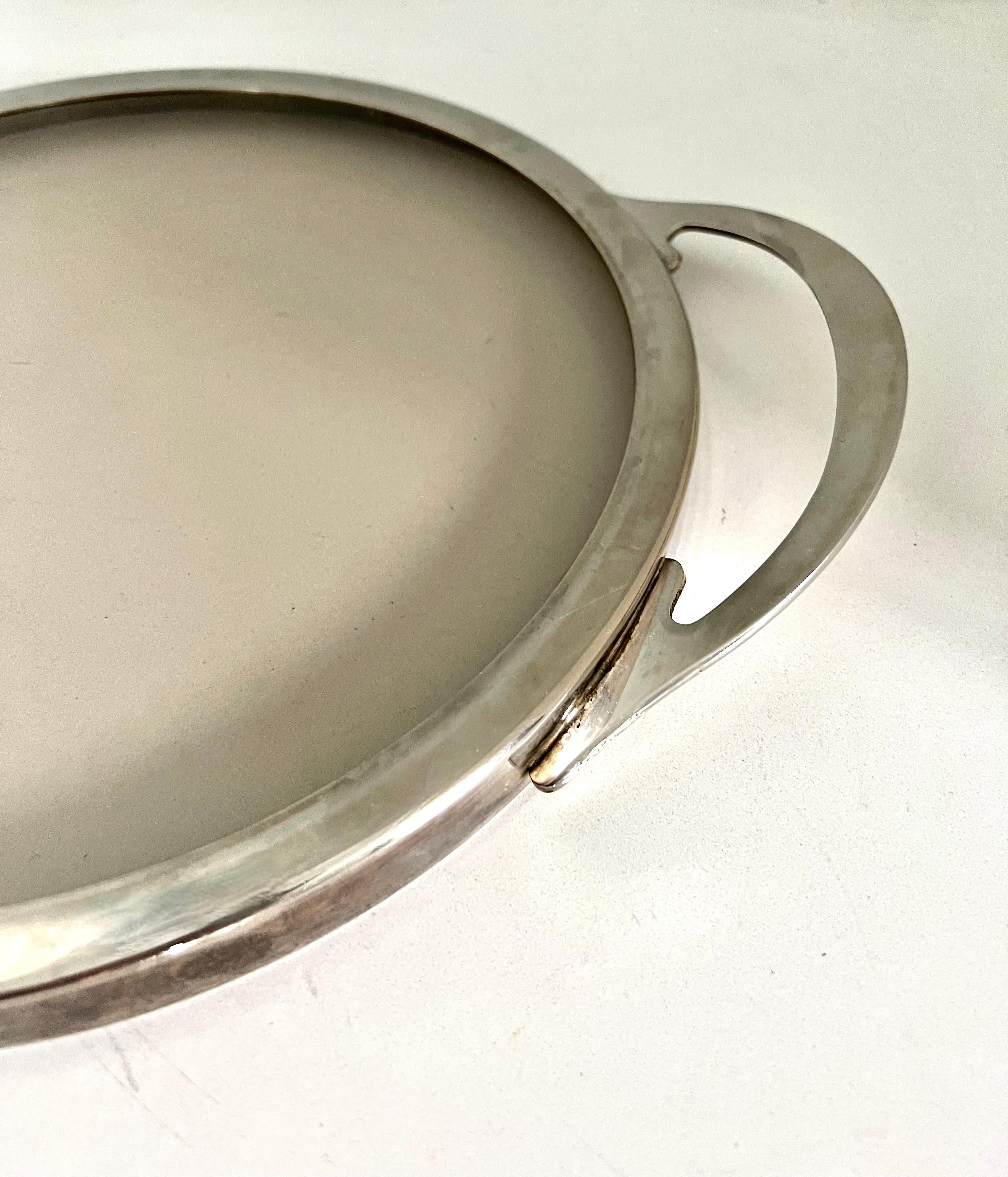Silver French Art Deco Round Tray with Smoked Glass Base In Good Condition In Los Angeles, CA