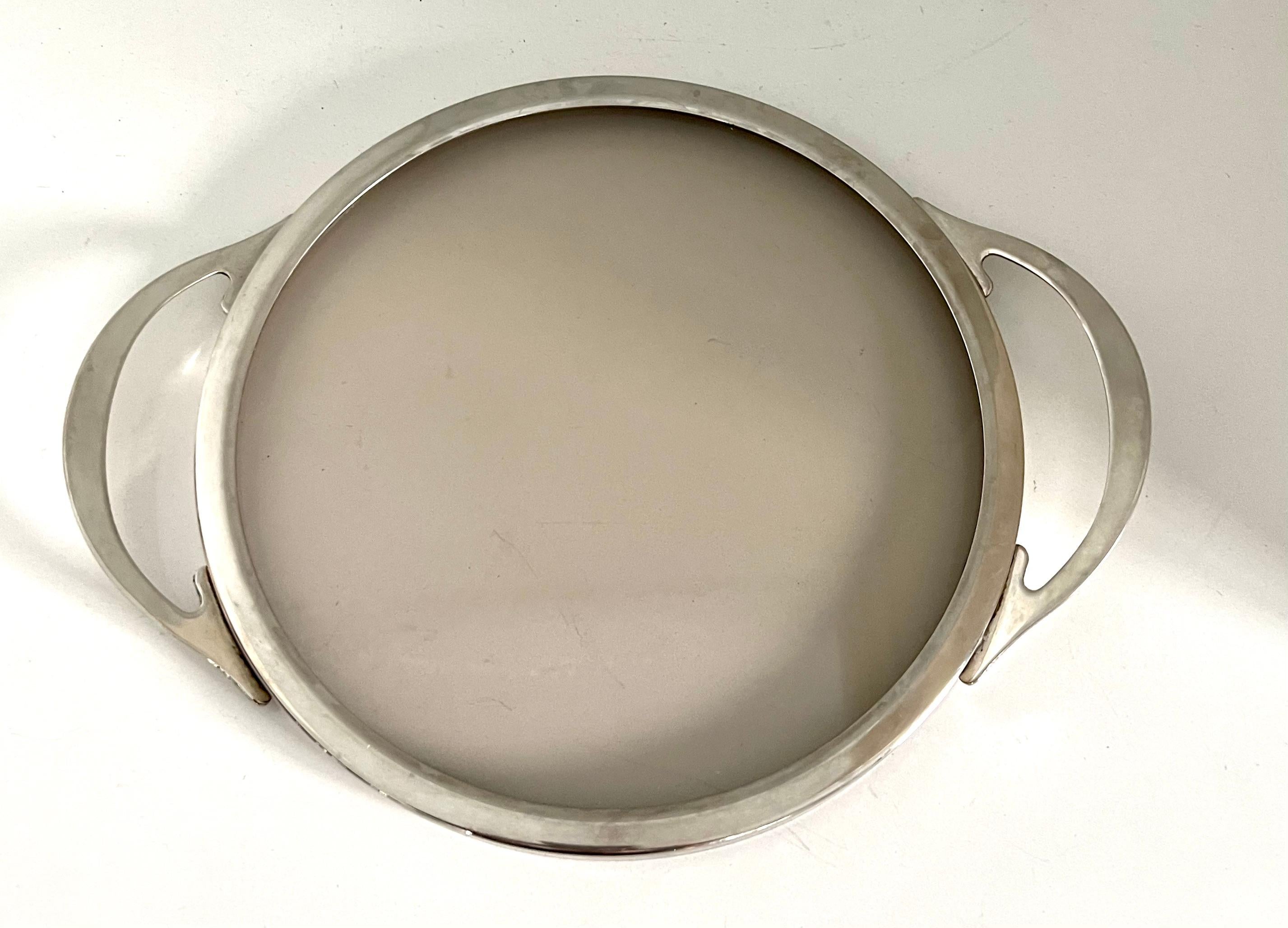 20th Century Silver French Art Deco Round Tray with Smoked Glass Base