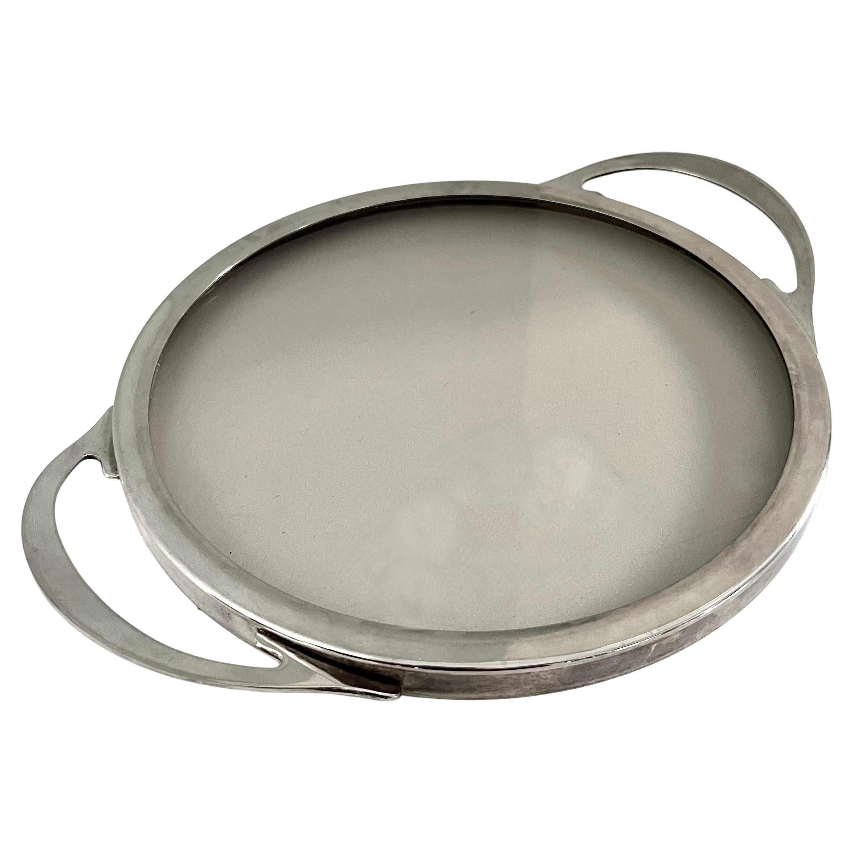 Silver French Art Deco Round Tray with Smoked Glass Base