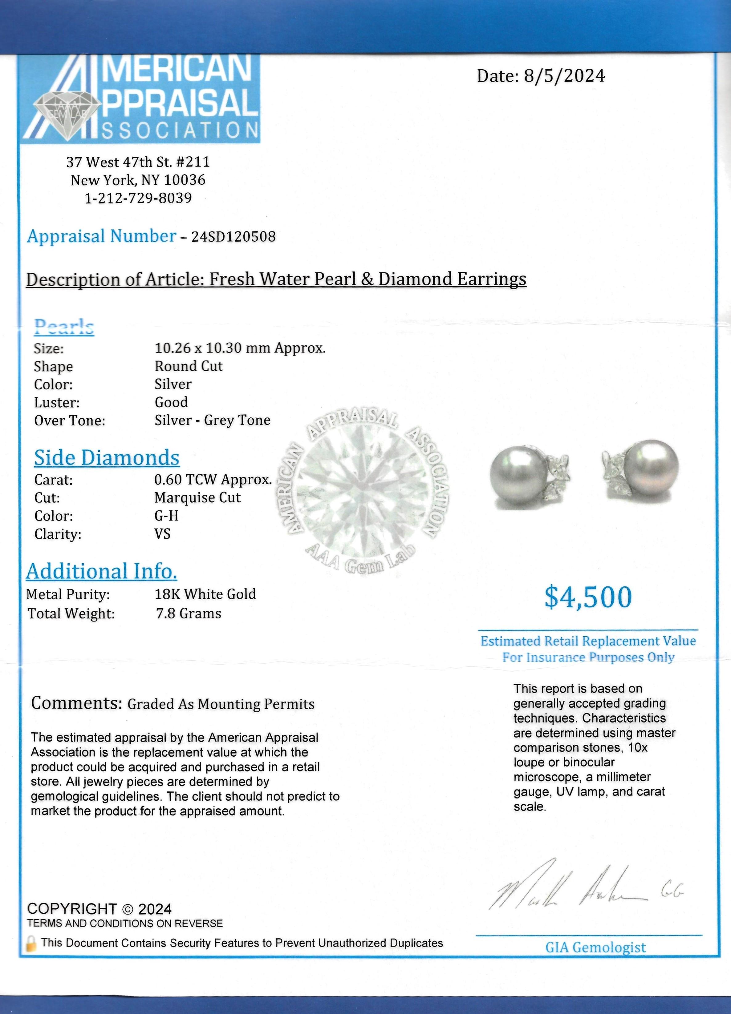 Silber Süßwasserperlen und Marquise Diamant Ohrstecker 18 Karat Weißgold im Angebot 5