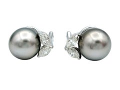 Silver Fresh Water Pearl and Marquise Diamond Stud Earrings 18 Karat White Gold