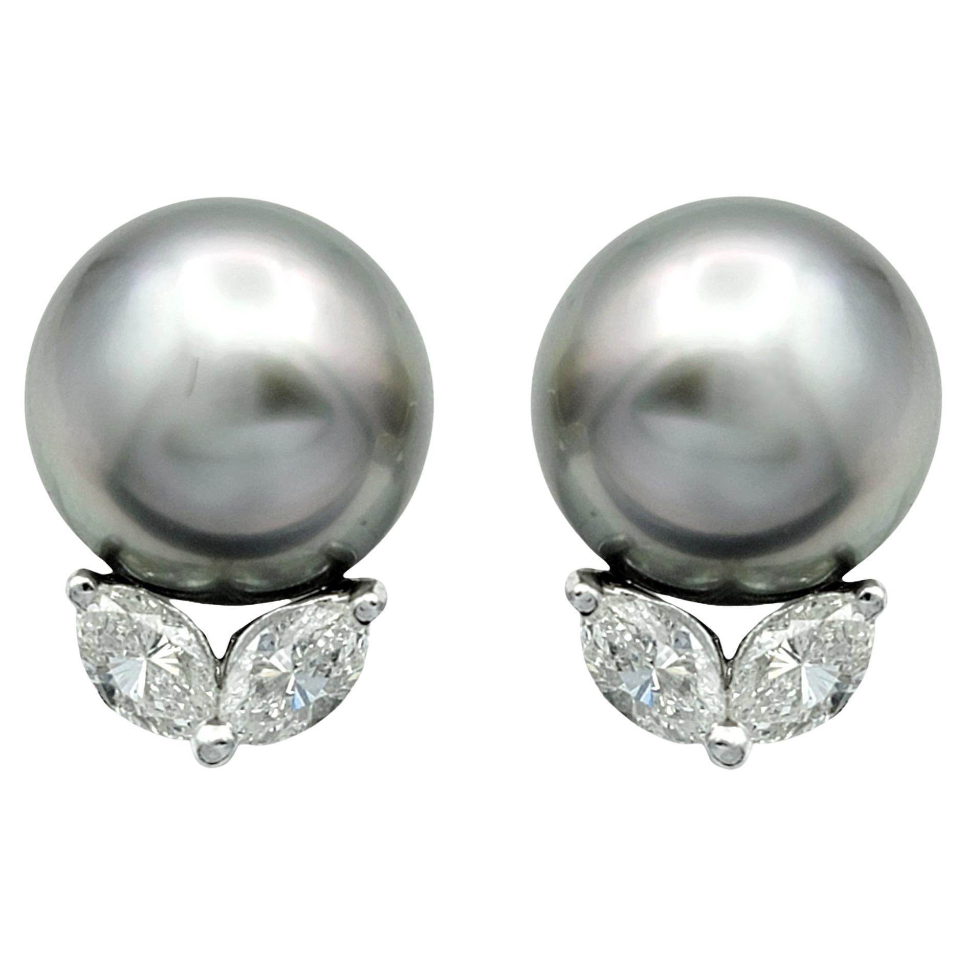 Silver Fresh Water Pearl and Marquise Diamond Stud Earrings 18 Karat White Gold