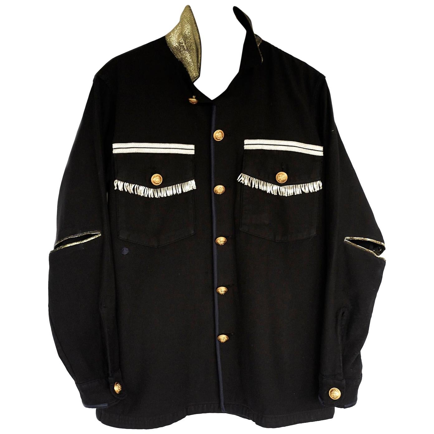 Fringe Embellished Jacket Military Black Gold Silk Gold Button Silver J Dauphin