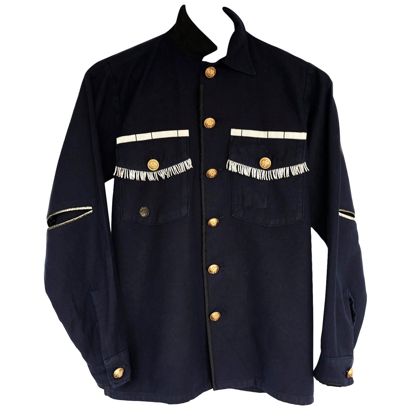 Silver Fringe Jacket Military Dark Blue Statement Silk Gold Button J Dauphin