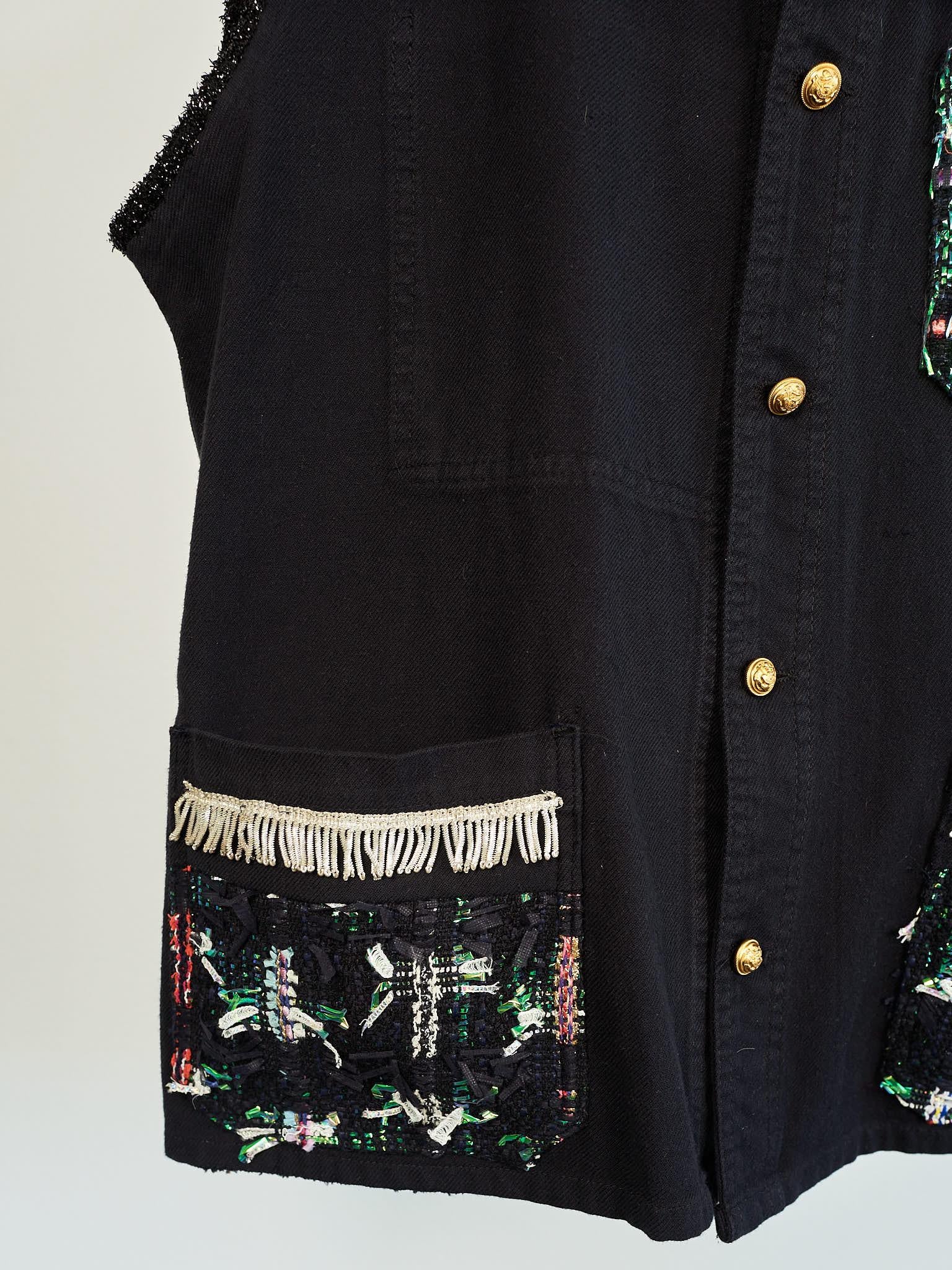 Silver Fringe Vest Sleeveless Jacket Cotton Black Green Lurex Tweed J Dauphin In New Condition In Los Angeles, CA