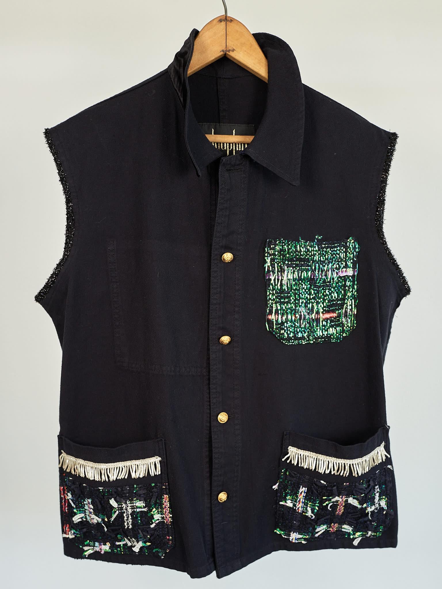 Women's Silver Fringe Vest Sleeveless Jacket Cotton Black Green Lurex Tweed J Dauphin