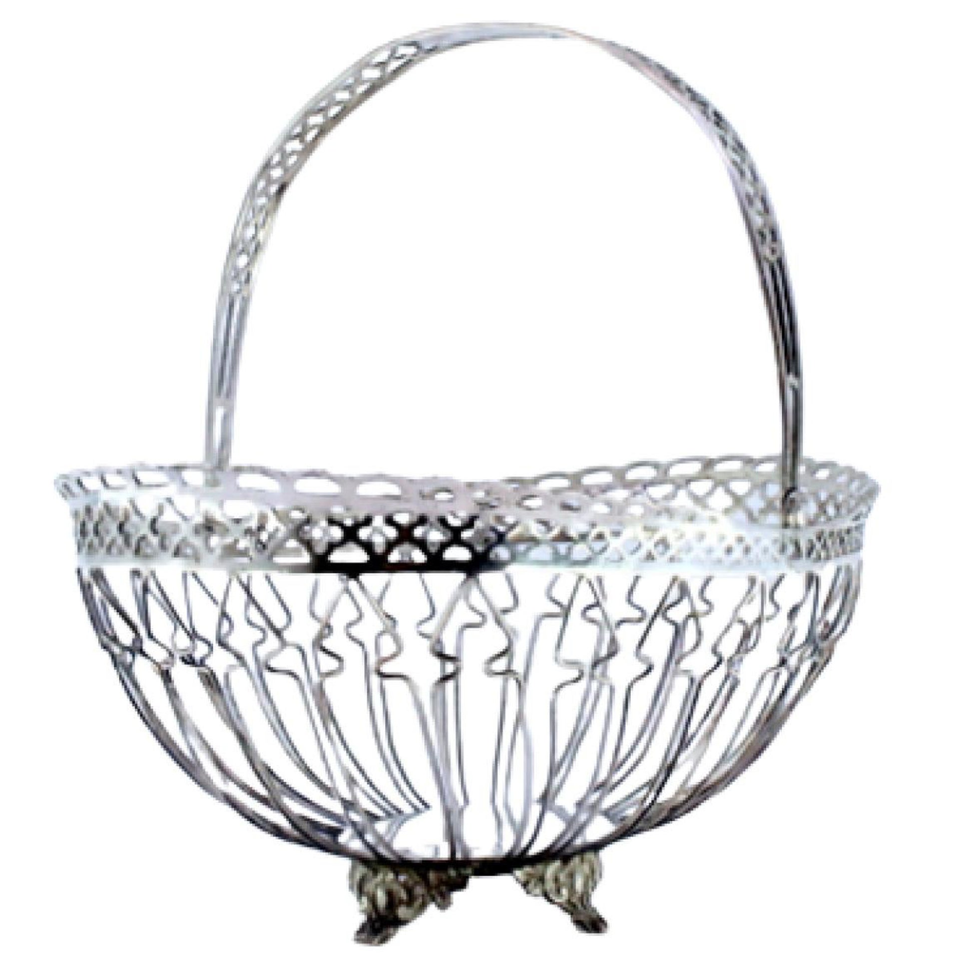 Silver fruit basket with wire rack, hinged handle and four leaf-scroll feet