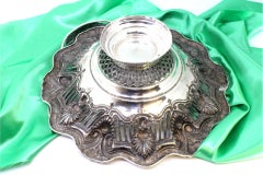 Silver fruit bowl w/ shell cutouts & reliefs, double handle w/ monogram card