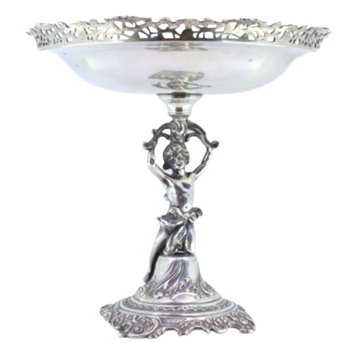 Silver fruit centerpiece with grid, engravings and female support figure For Sale
