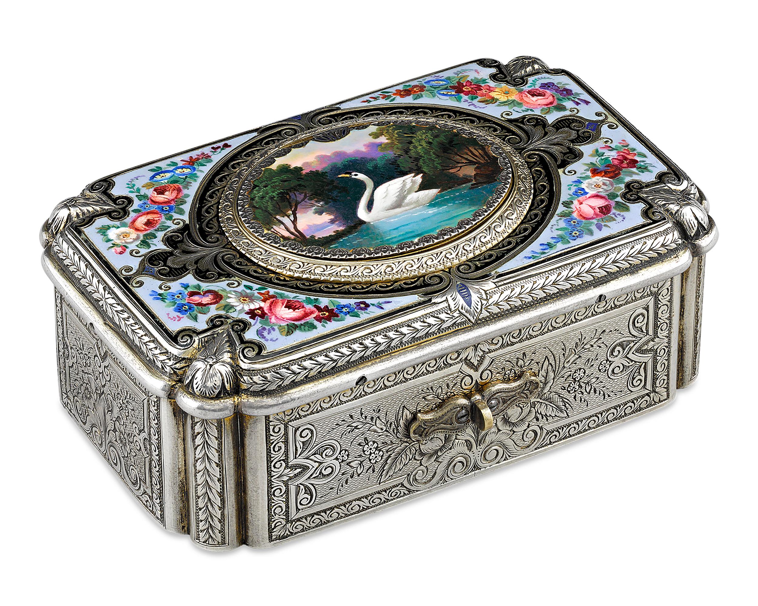 This extremely rare, early Swiss fusée singing bird box by the renowned Charles Bruguier combines exquisite artistry with outstanding mechanical craftsmanship. The earliest bird boxes were fusée, or chain driven, and are famed for playing longer and
