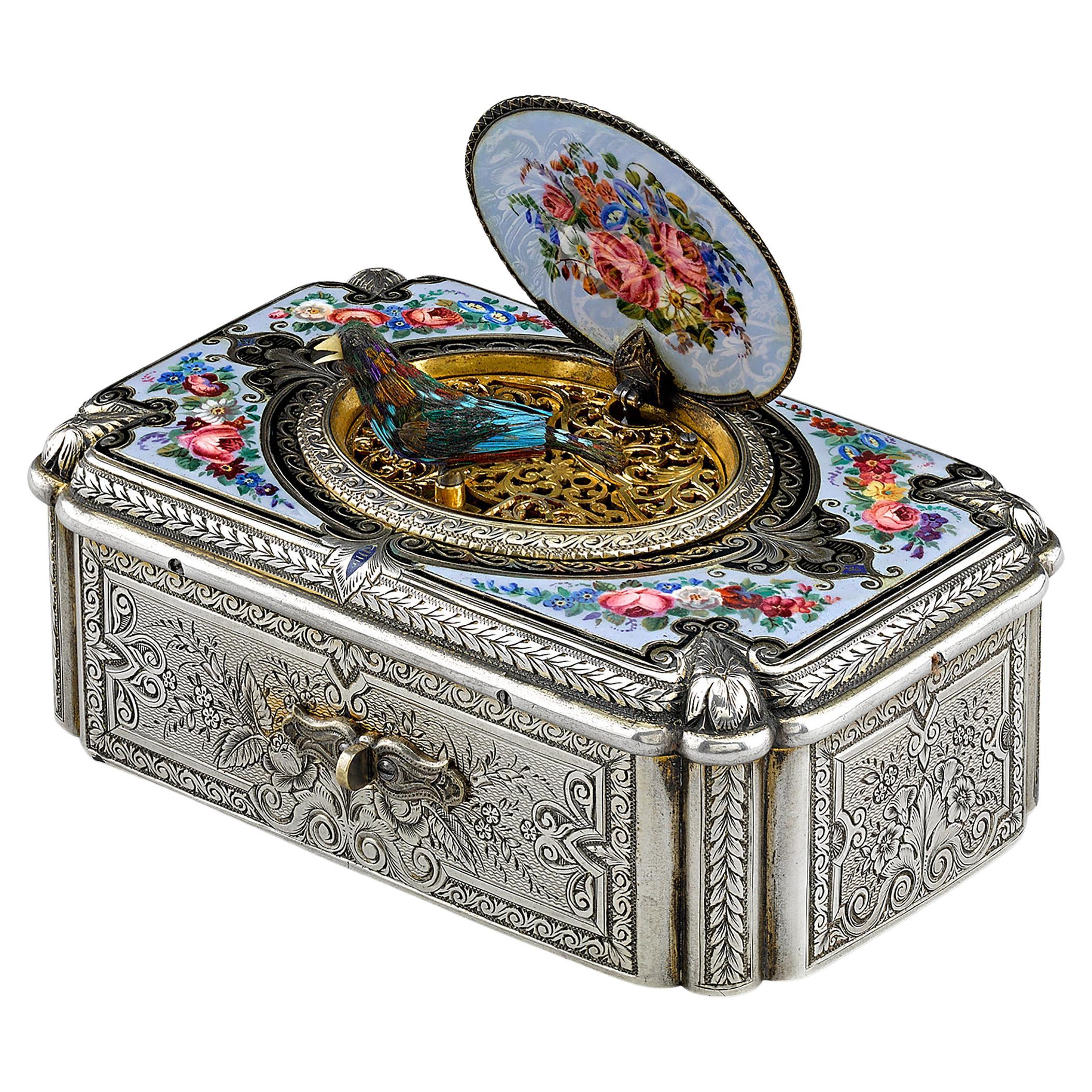 Silver Fusée Singing Bird Box by Charles Bruguier For Sale