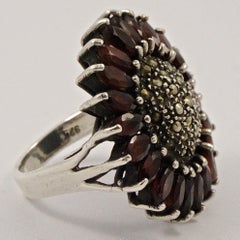 Silver Garnet and Marcasite Flower Statement Ring