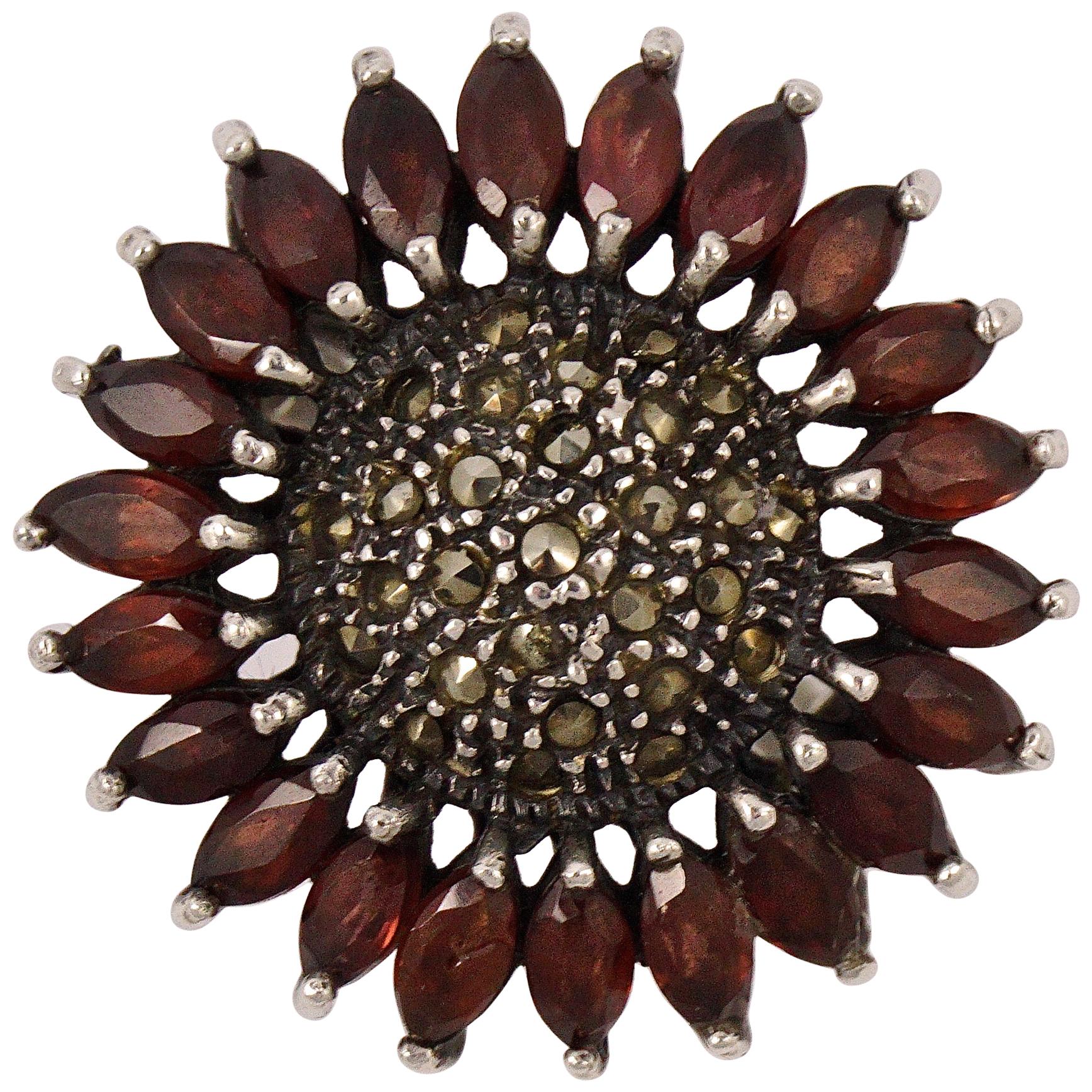 Silver Garnet and Marcasite Flower Statement Ring 