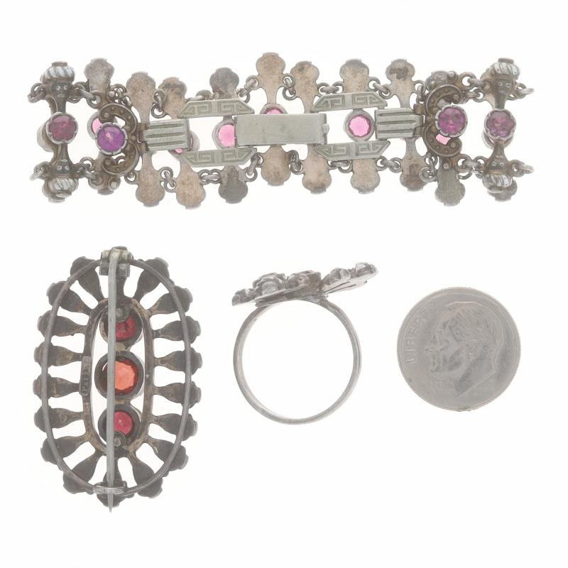 Silber Granat Arts & Crafts Armband Brosche & Ring Set Buff Top Rd Antike 6 1/4 4
