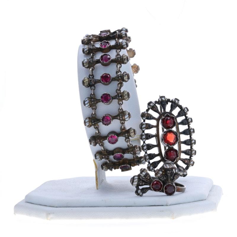 A Silver Garnet Arts & Crafts Bracelet Broche & Ring Set Buff Top Rd Antique 6 1/4