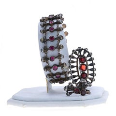 Silver Garnet Arts & Crafts Bracelet Brooch & Ring Set Buff Top Rd Antique 6 1/4