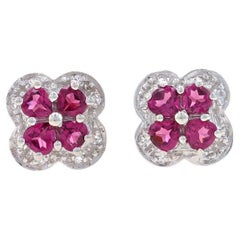 Silver Garnet & Topaz Cluster Stud Earrings 925 - Pear 1.16ctw Floral Quatrefoil