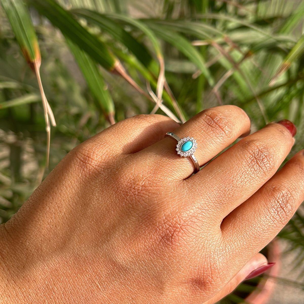 For Sale:  Silver Genuine Cabochon Turquoise and Zirconia Promise Halo Ring for Mom Gift 2