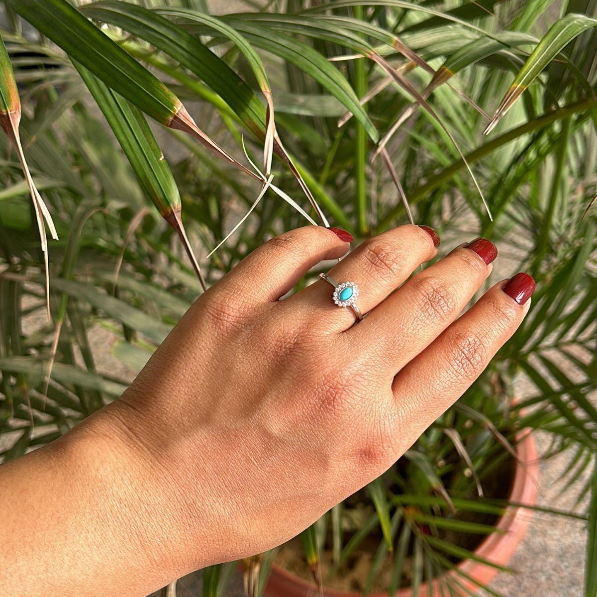 For Sale:  Silver Genuine Cabochon Turquoise and Zirconia Promise Halo Ring for Mom Gift 4