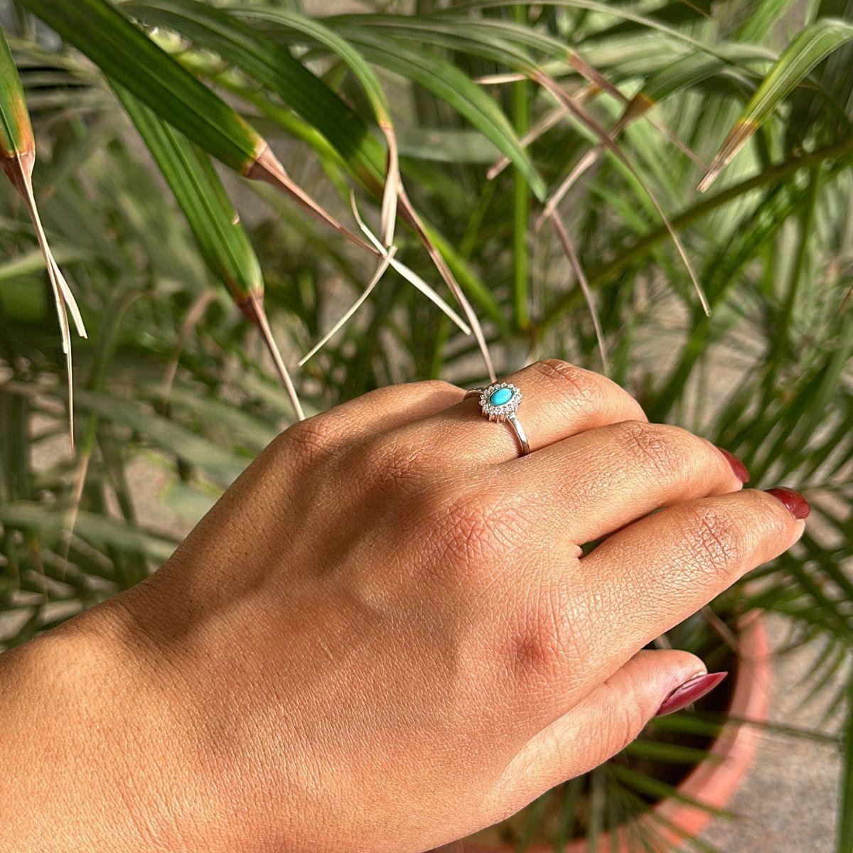 For Sale:  Silver Genuine Cabochon Turquoise and Zirconia Promise Halo Ring for Mom Gift 6