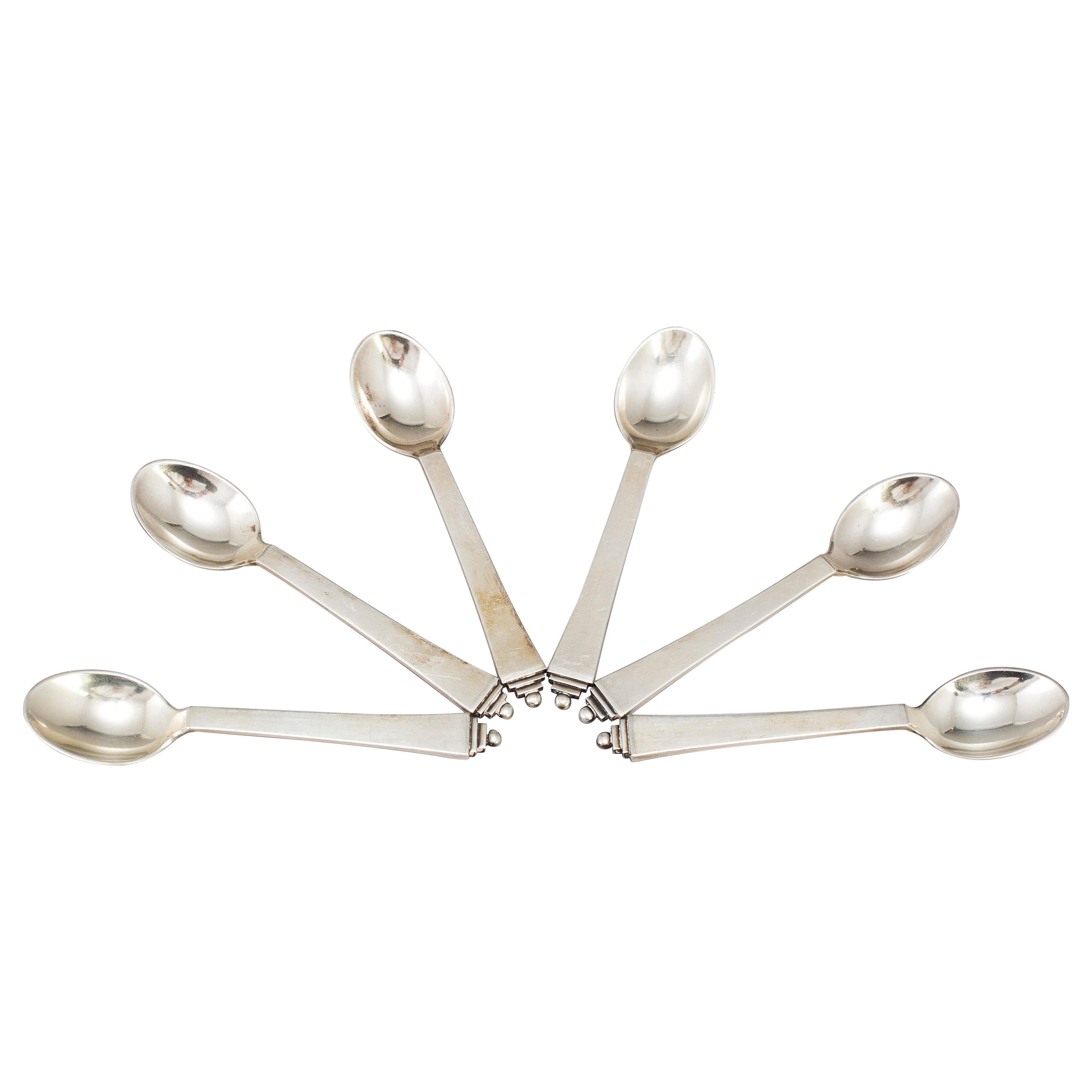 Cuillère moka en argent Georg Jansen modèle Pyramid, lot de 6, Danemark 960 en vente