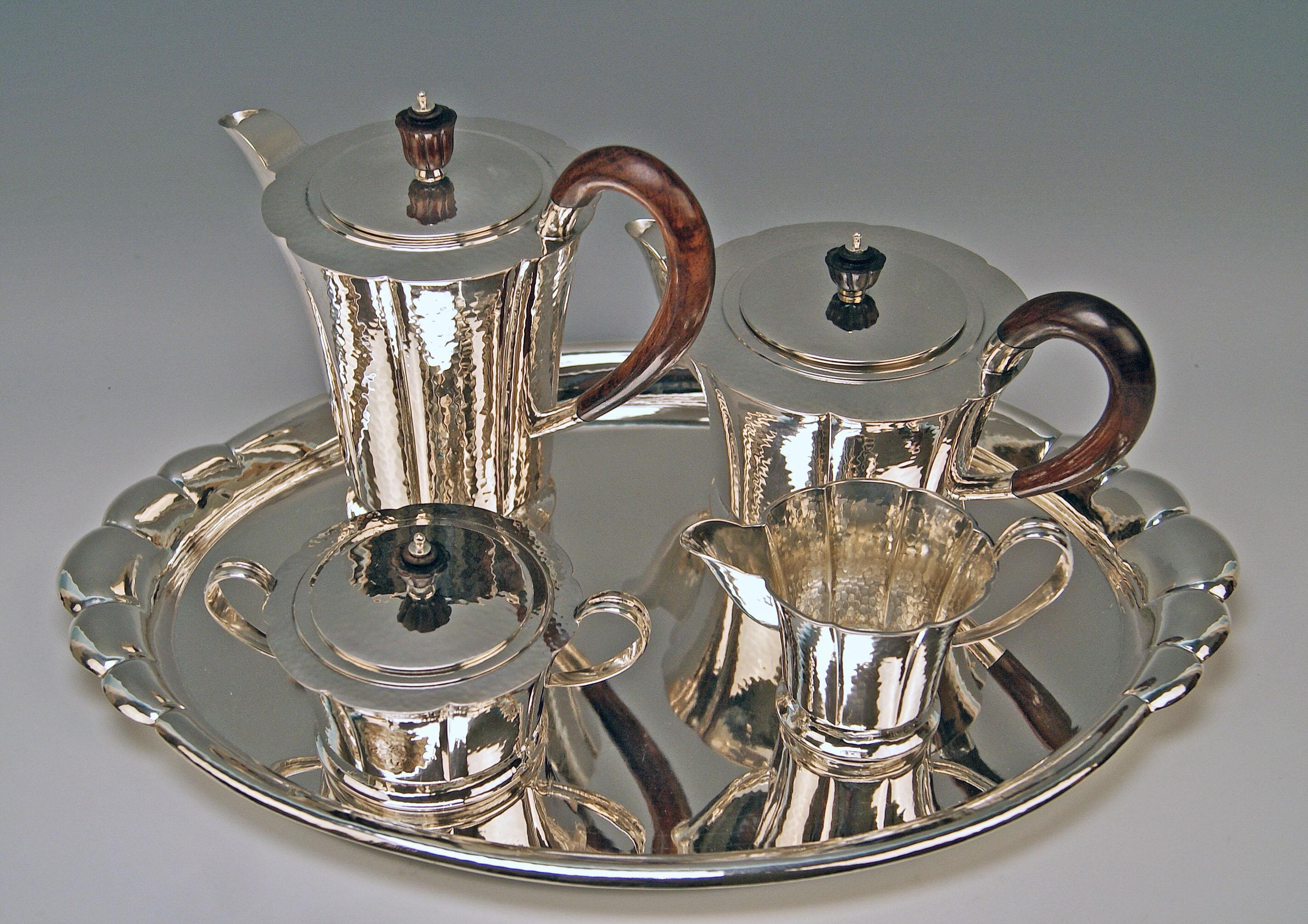 Silver stunning coffee and tea set with tray (Five Parts) made by Wilkens and Sons / Bremen, Germany 
manufactured circa 1905.

This set consists of following parts:
-- Coffee Pot
height: 8.26 inches (= 21.0 cm) handle included
width: 9.44