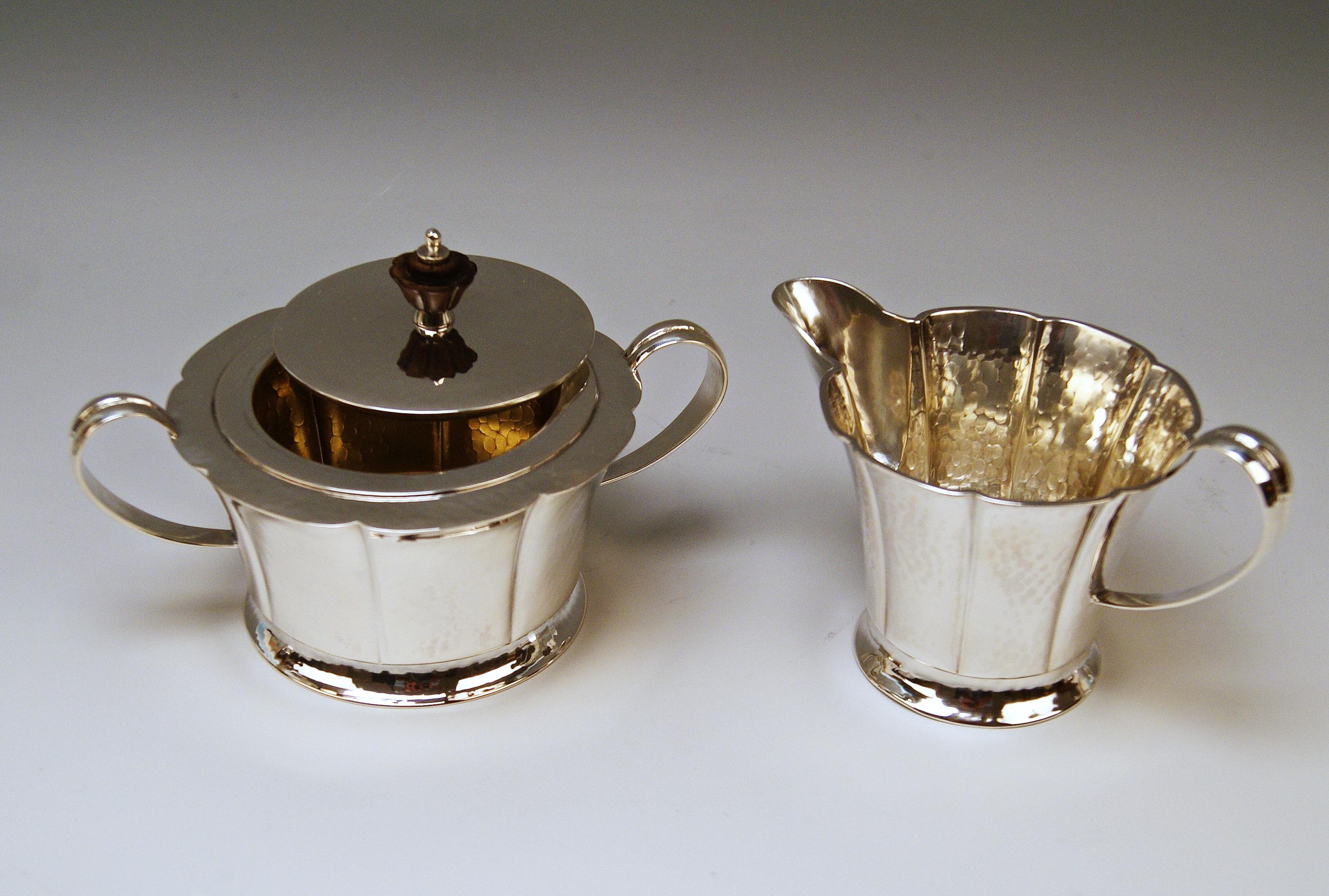 Silver Germany Coffee Tea Pot Creamer Sugar Bowl Tray Art Nouveau Wilkens 1905 3